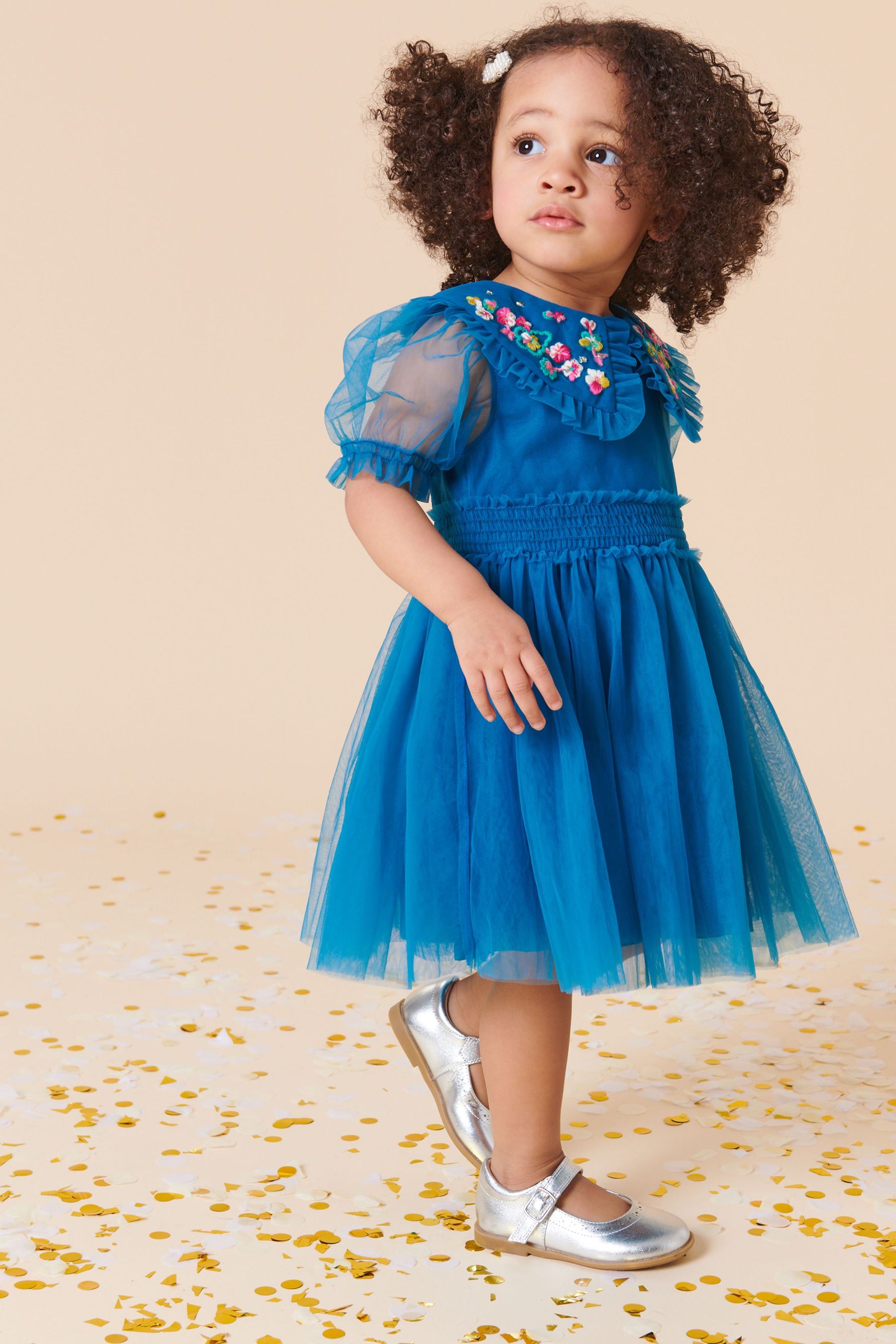 Teal Blue Embellished Mesh Collar Dress (3mths-8yrs)