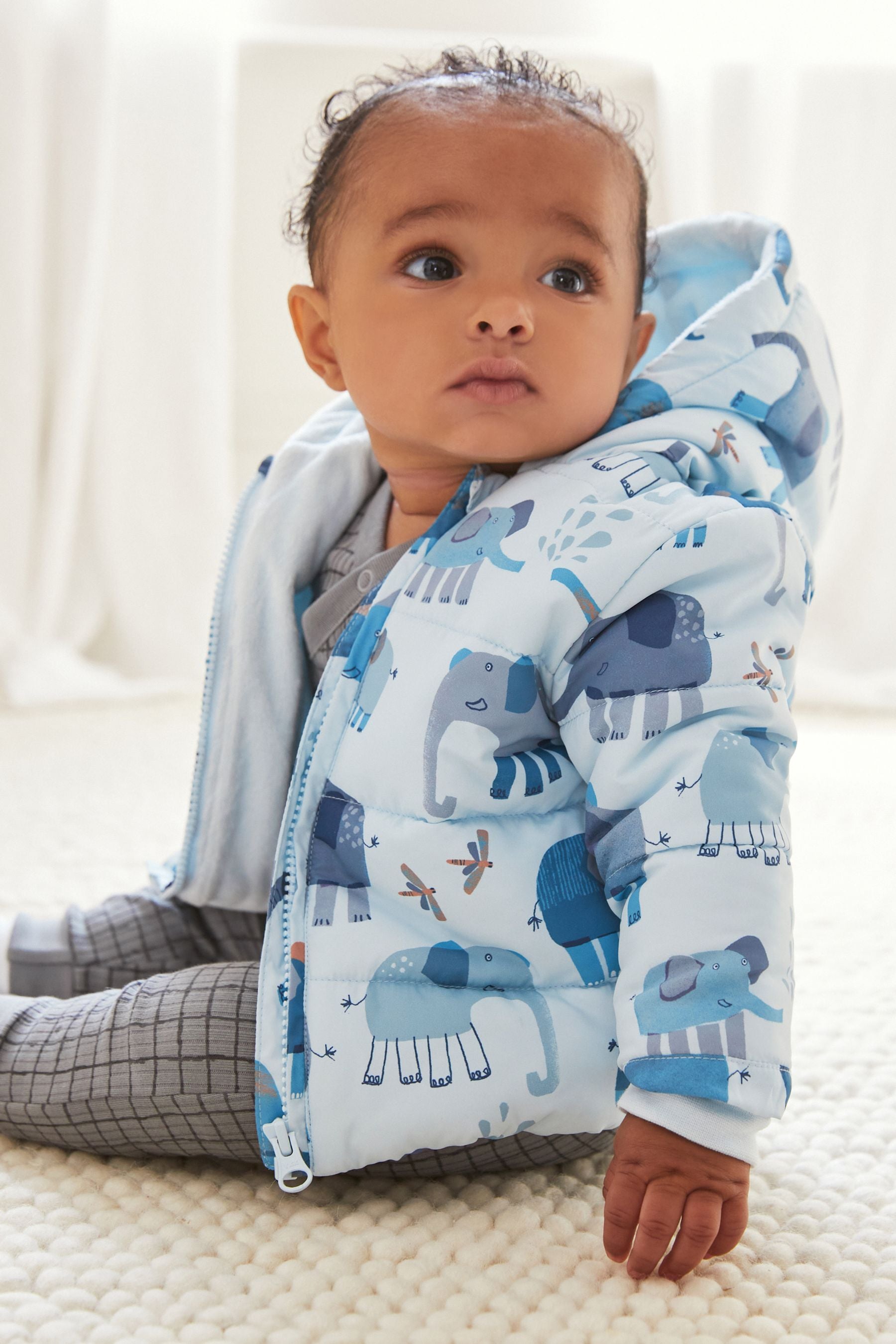 Blue Elephant Print Hooded Baby Jacket (0mths-2yrs)