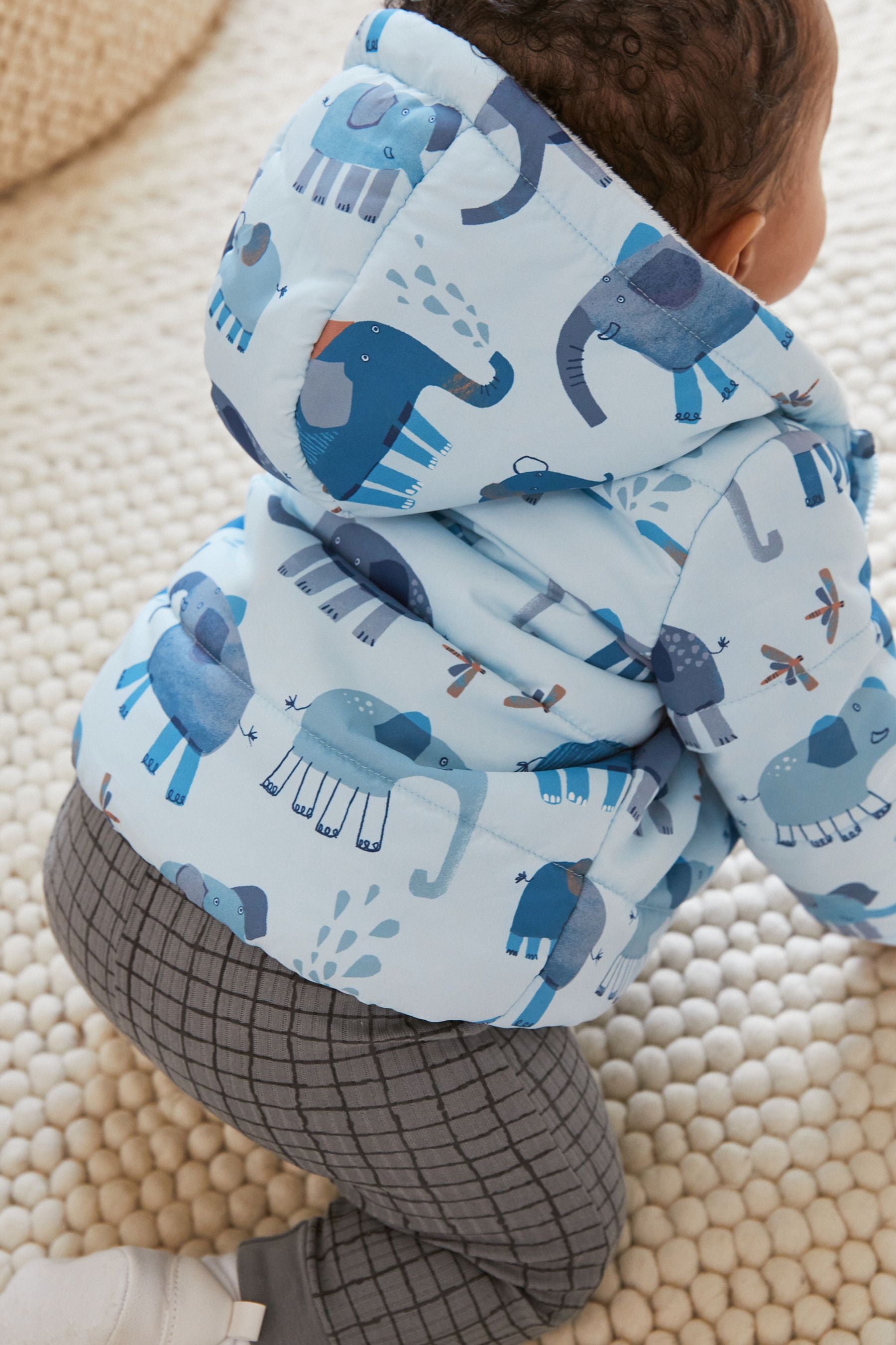 Blue Elephant Print Hooded Baby Jacket (0mths-2yrs)