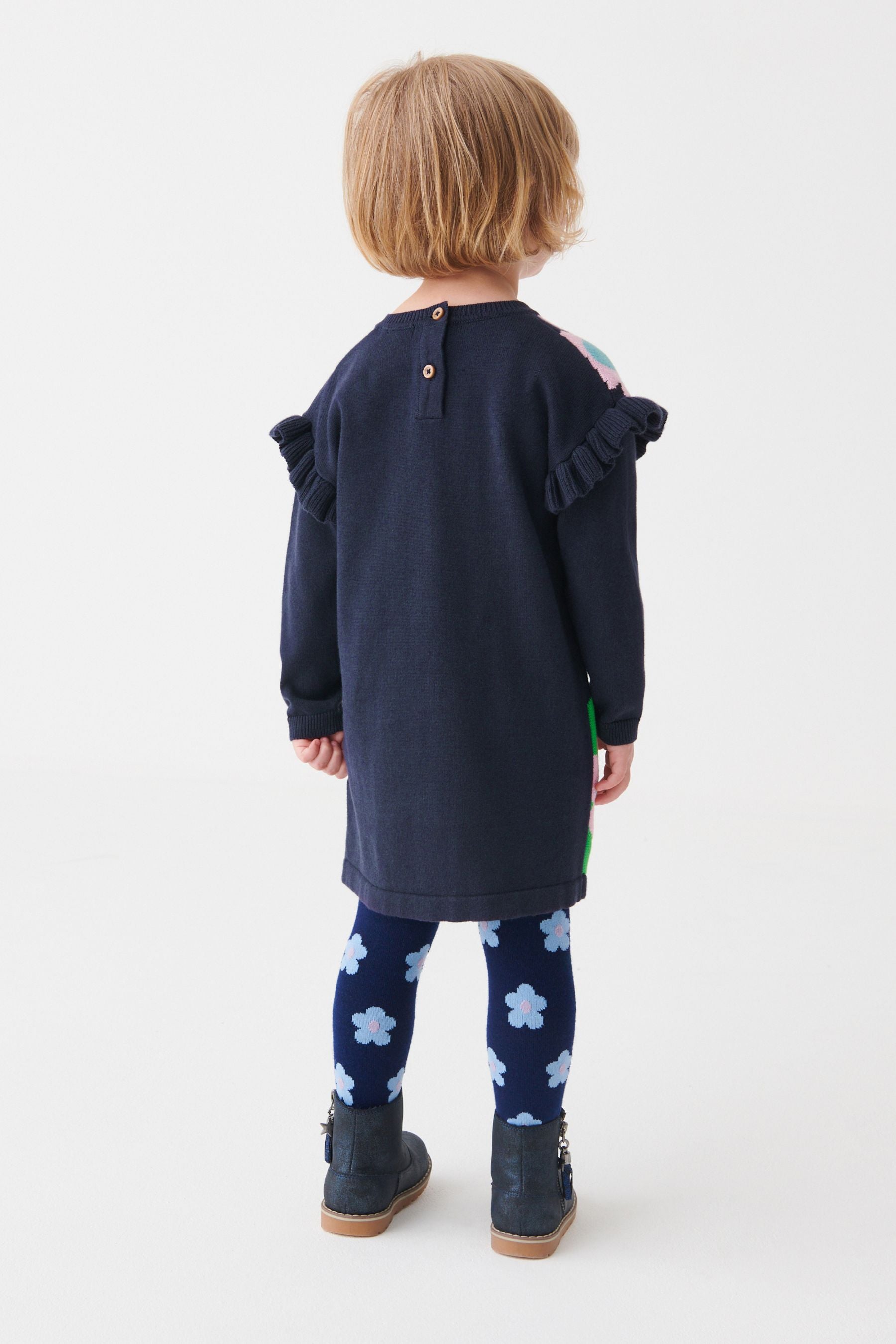 Navy Blue Flower Jumper Dress And Tights (3mths-7yrs)