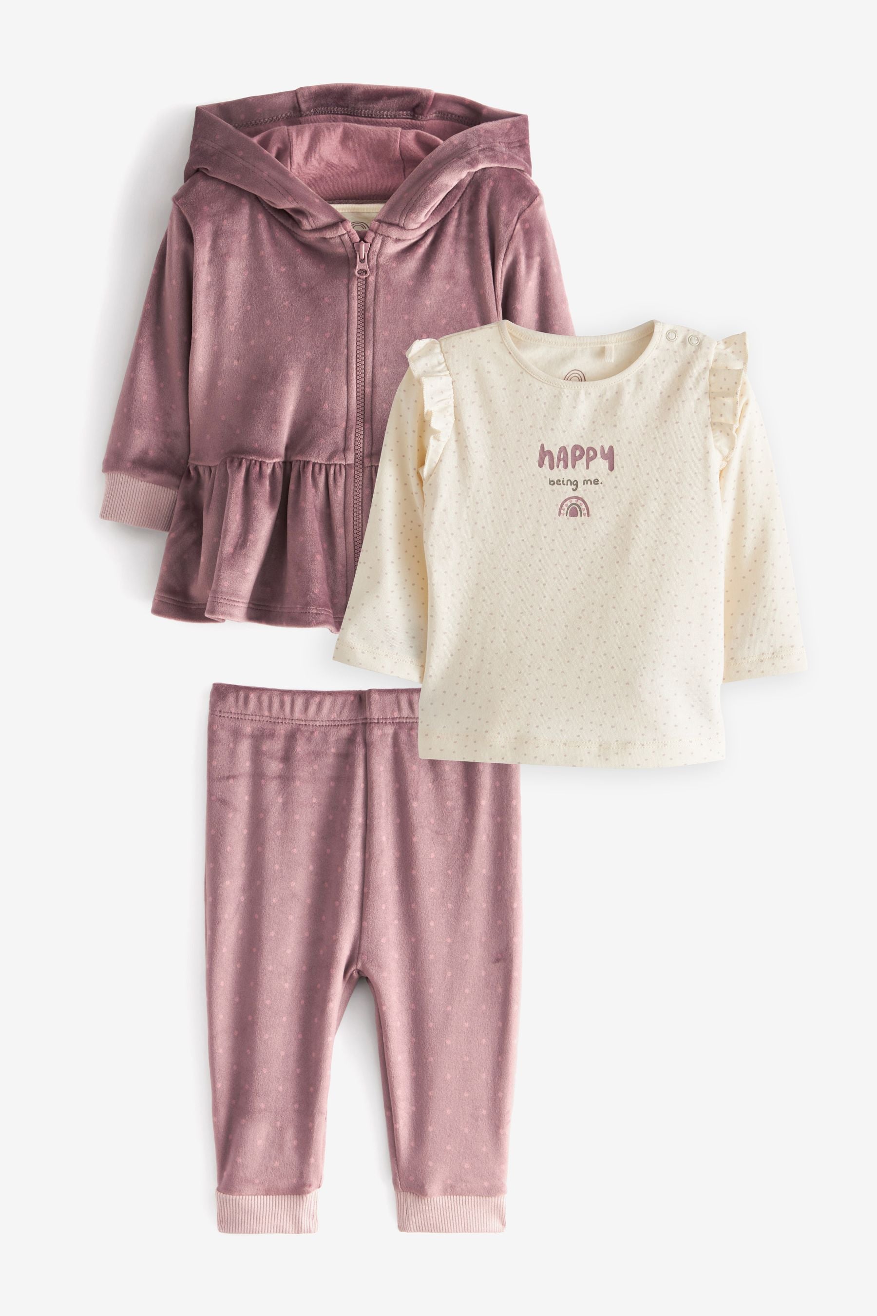 Pink Baby Spot Three Piece Velour Hoodie T-Shirt And Jogger Set