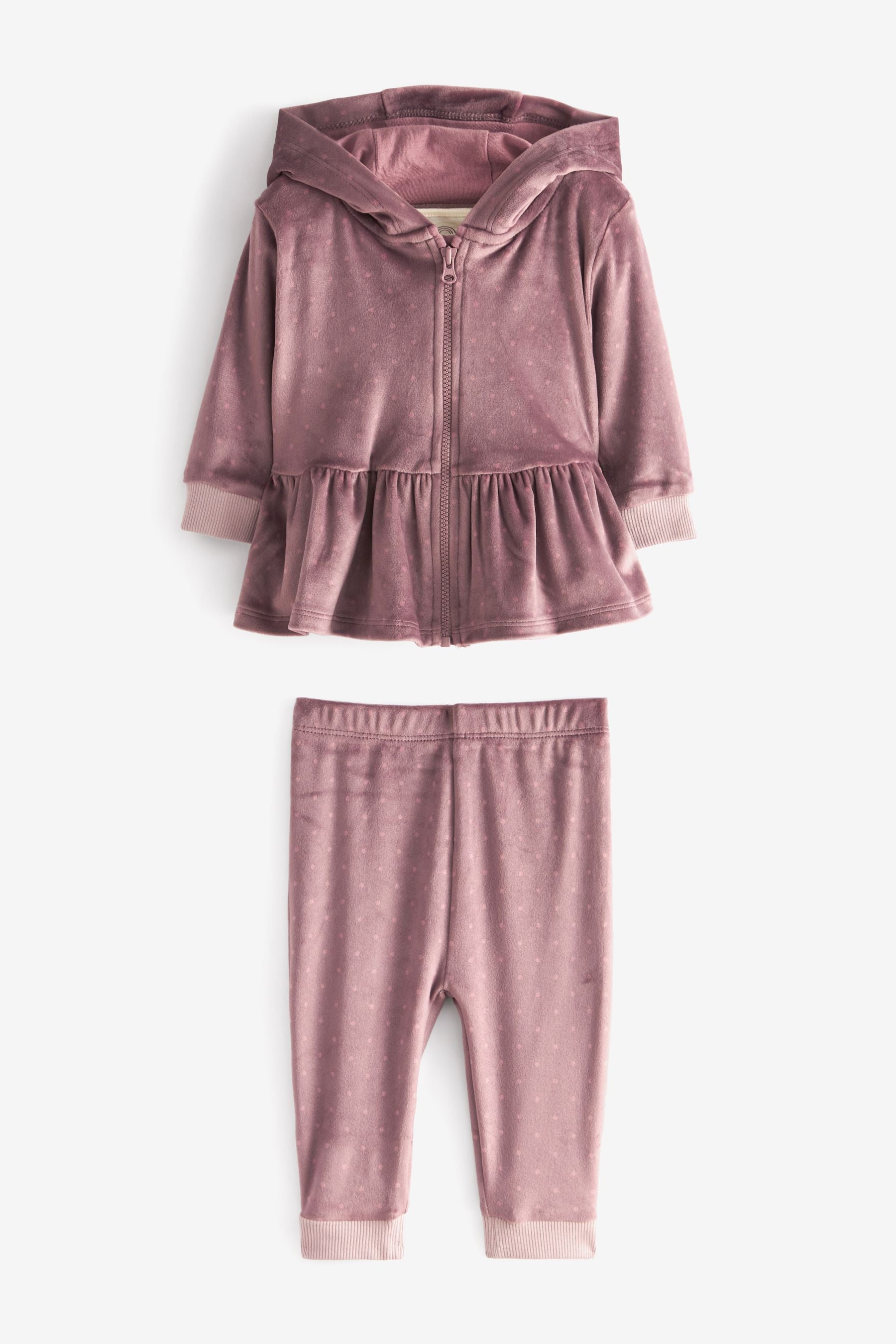 Pink Baby Spot Three Piece Velour Hoodie T-Shirt And Jogger Set