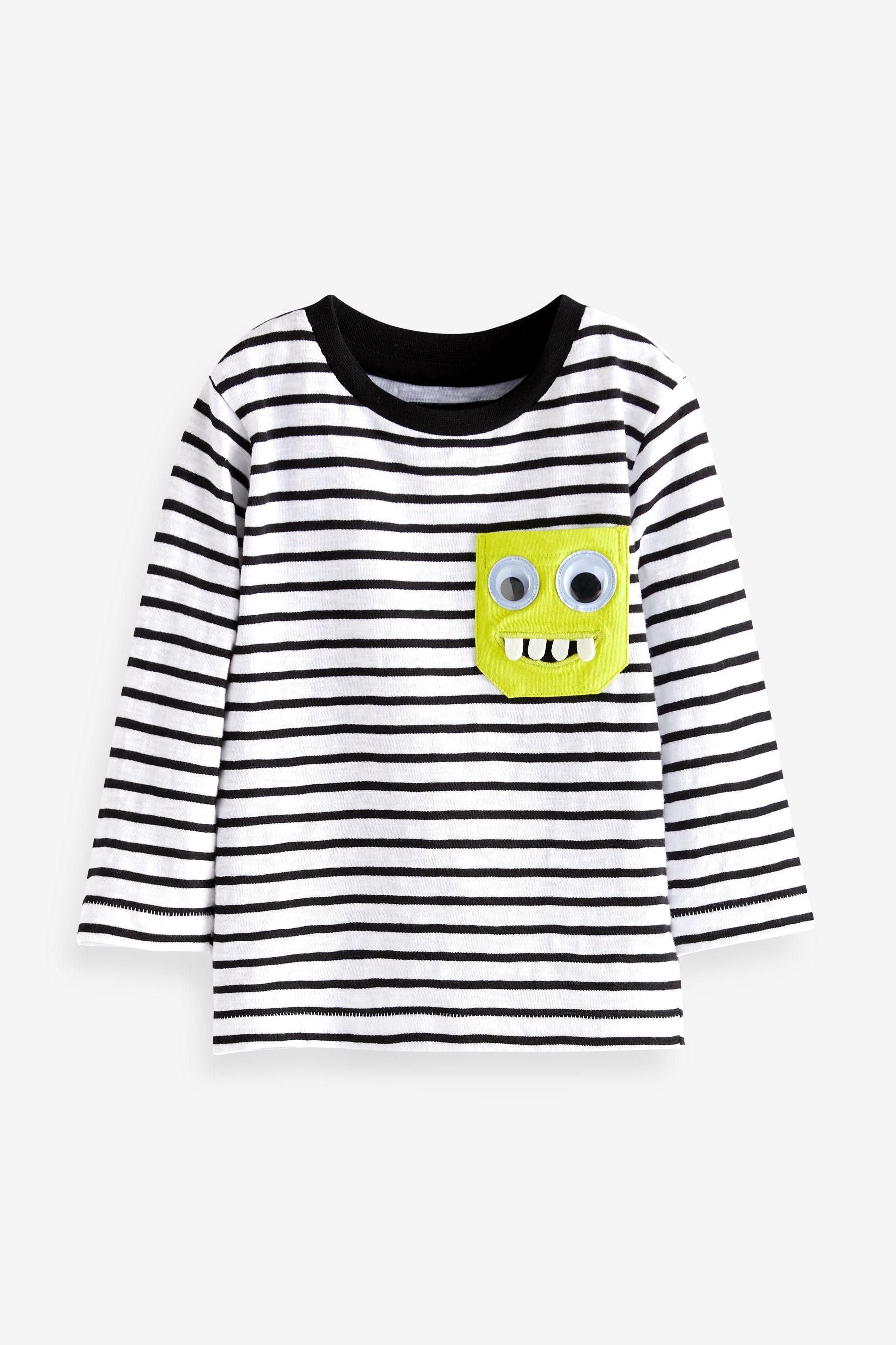 Black/White Stripe Monster Long Sleeve Pocket T-Shirt (3mths-7yrs)