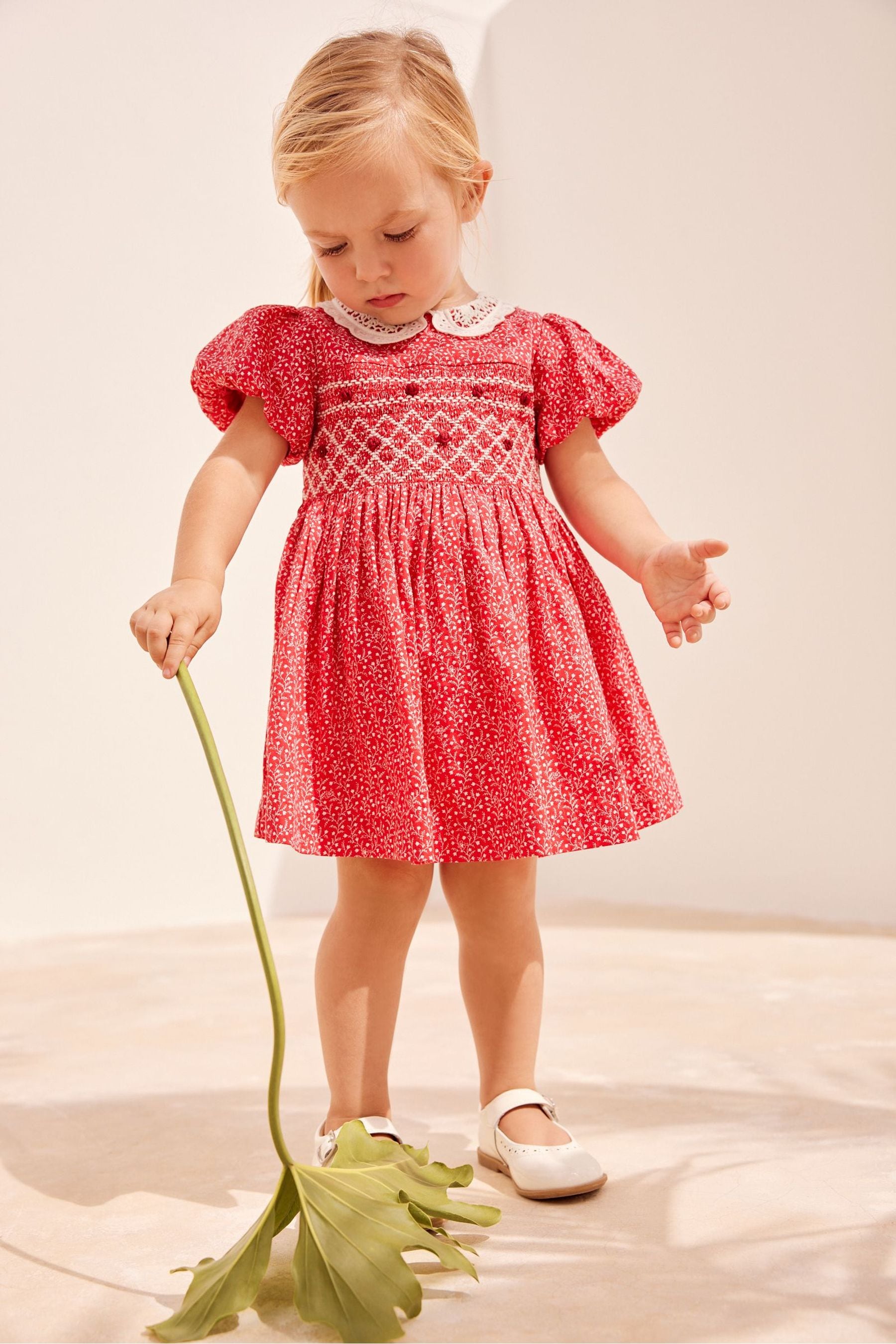 Red Ditsy Printed Lace Collar Shirred Cotton Dress (3mths-7yrs)