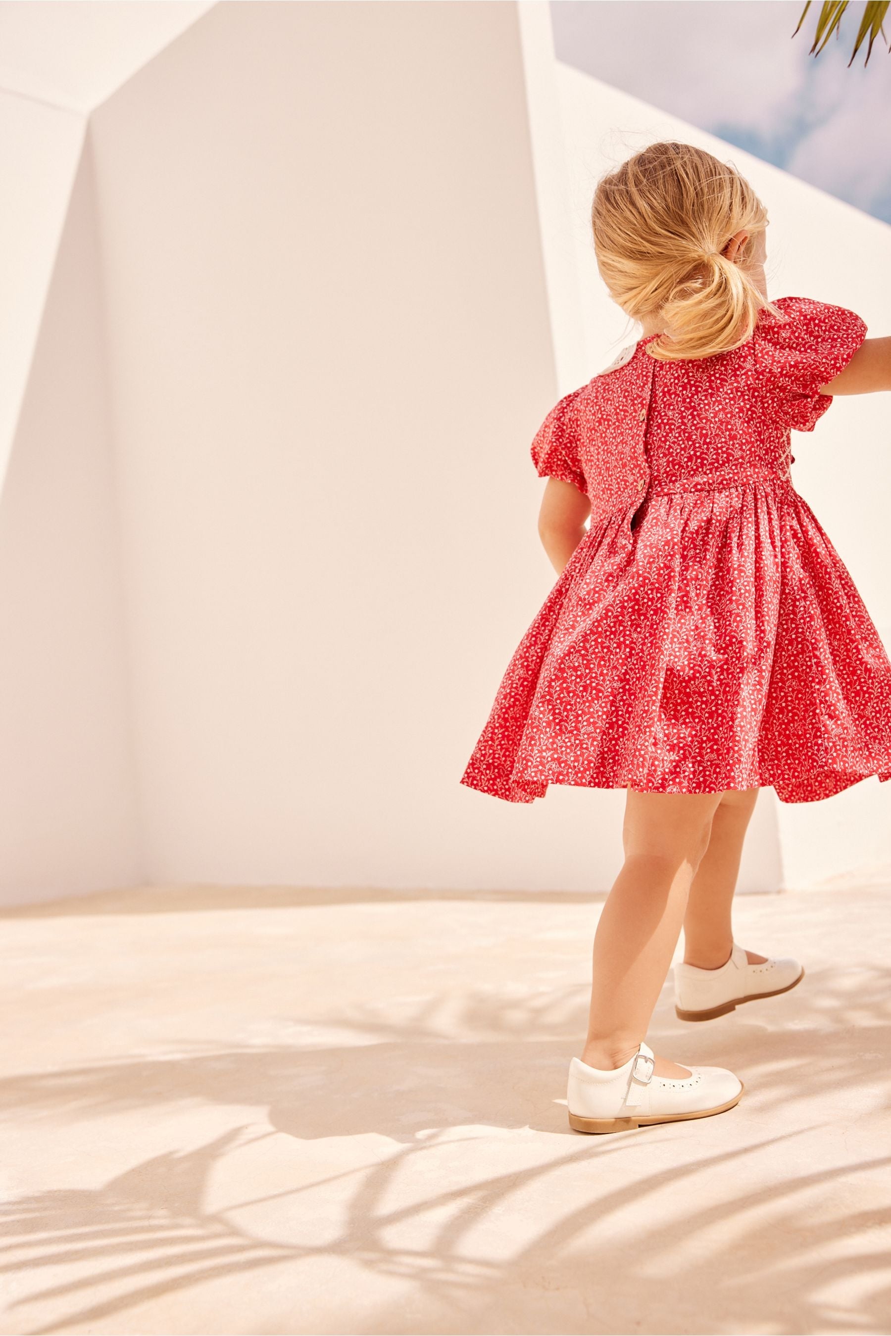 Red Ditsy Printed Lace Collar Shirred Cotton Dress (3mths-7yrs)