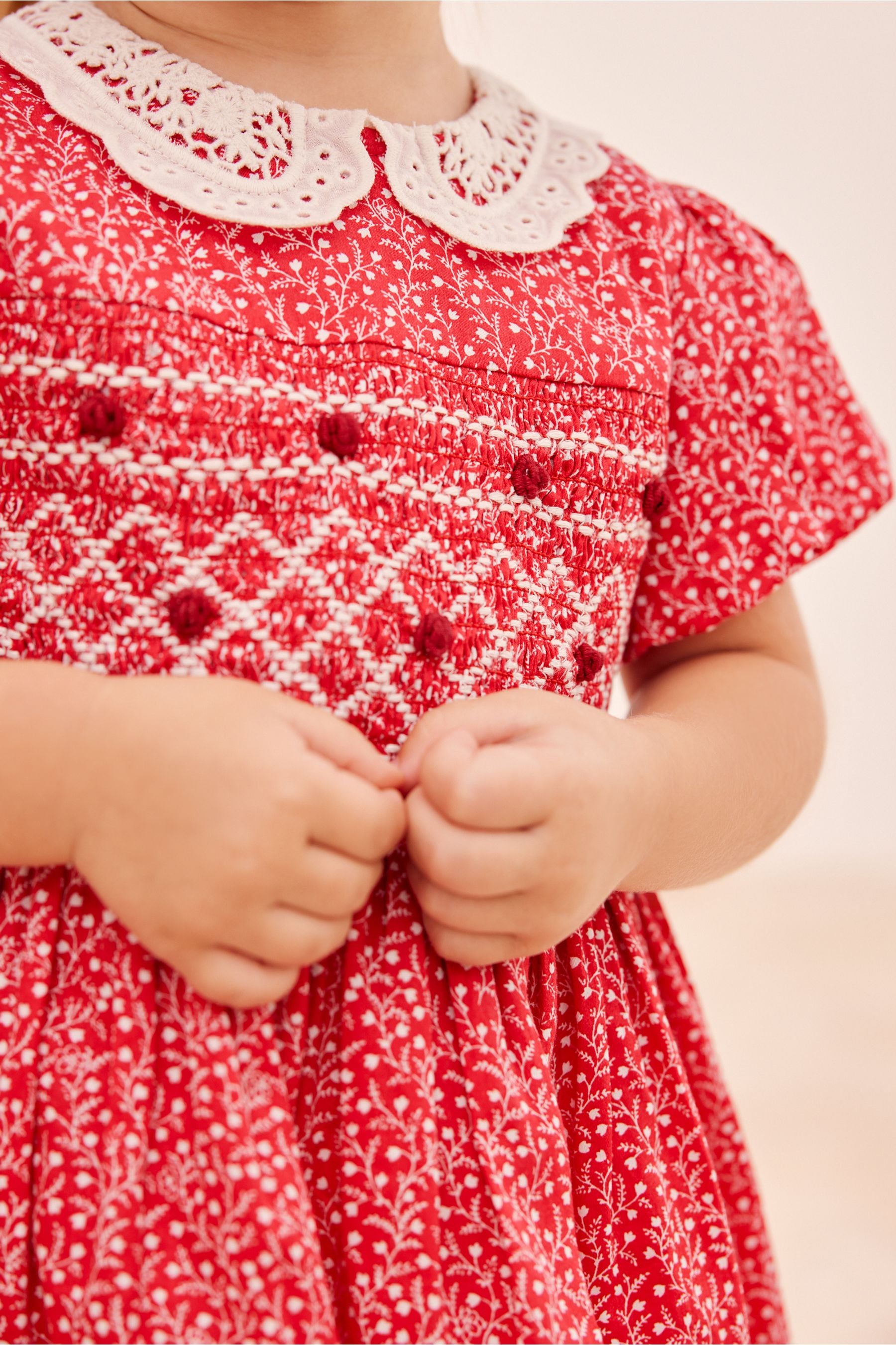 Red Ditsy Printed Lace Collar Shirred Cotton Dress (3mths-7yrs)