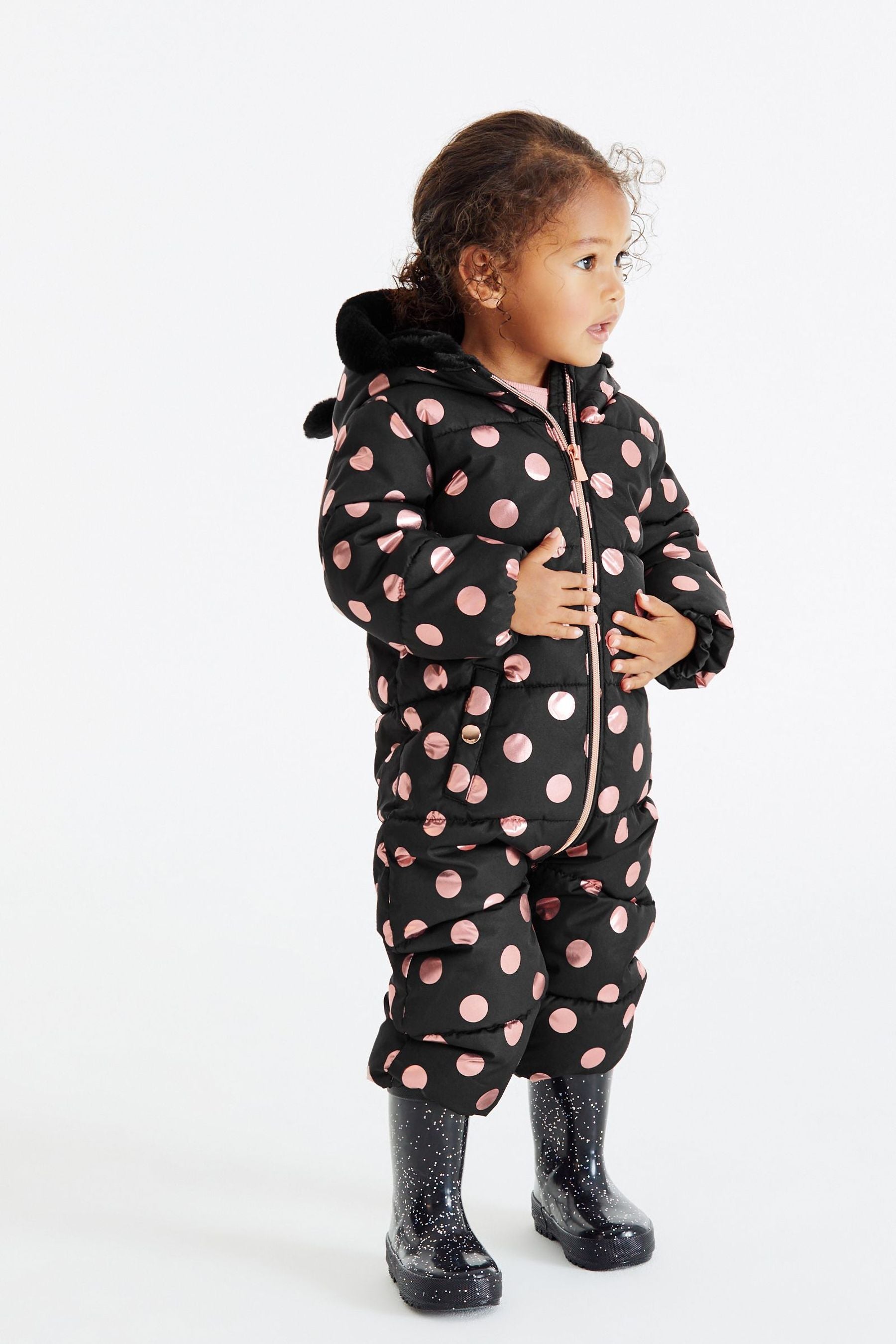 Black/Rose Gold Spot Shower Resistant Snow Suit (3mths-7yrs)