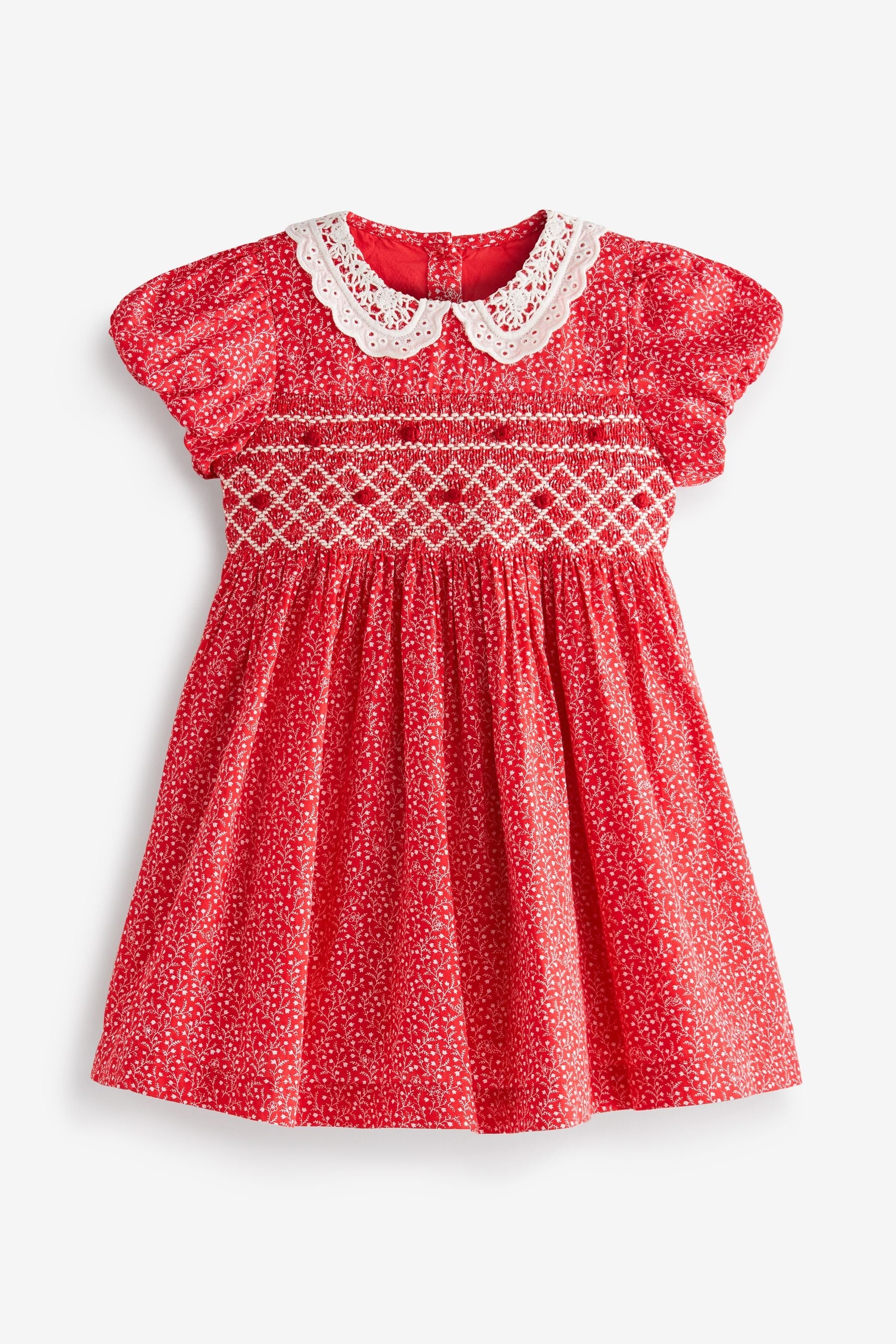 Red Ditsy Printed Lace Collar Shirred Cotton Dress (3mths-7yrs)