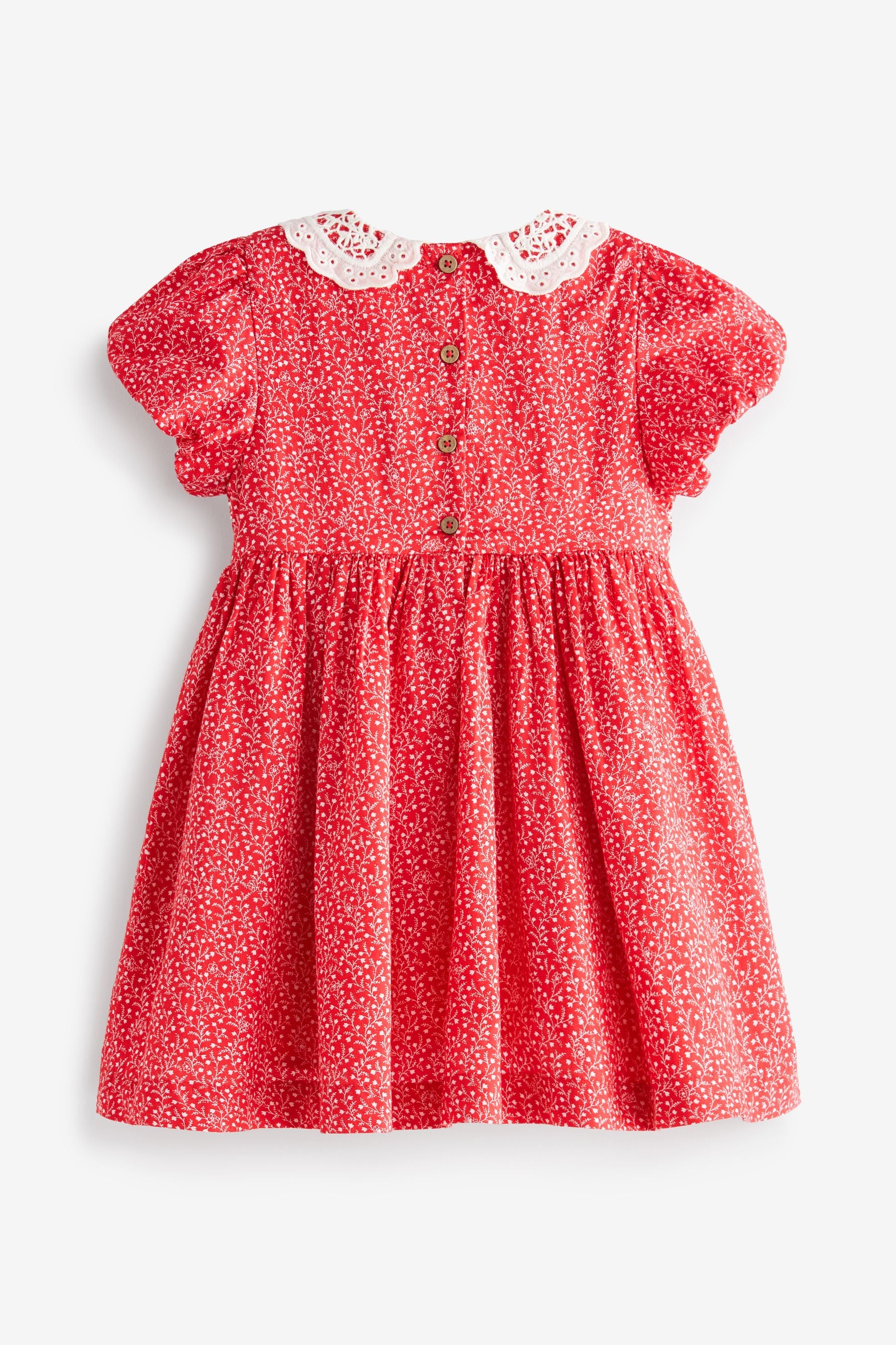 Red Ditsy Printed Lace Collar Shirred Cotton Dress (3mths-7yrs)