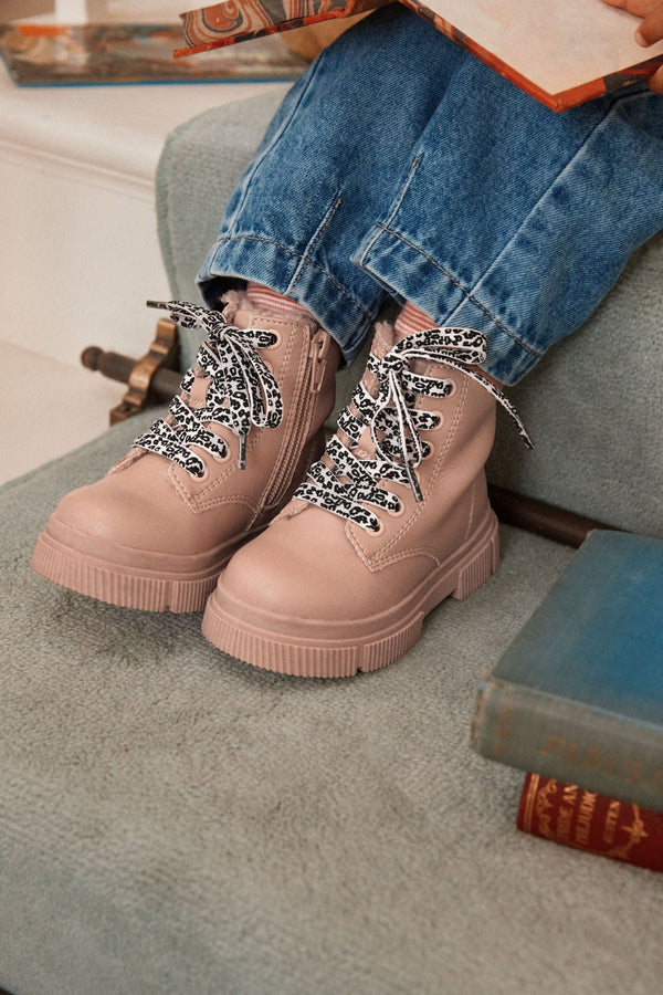 Pink Warm Lined Lace-Up Boots