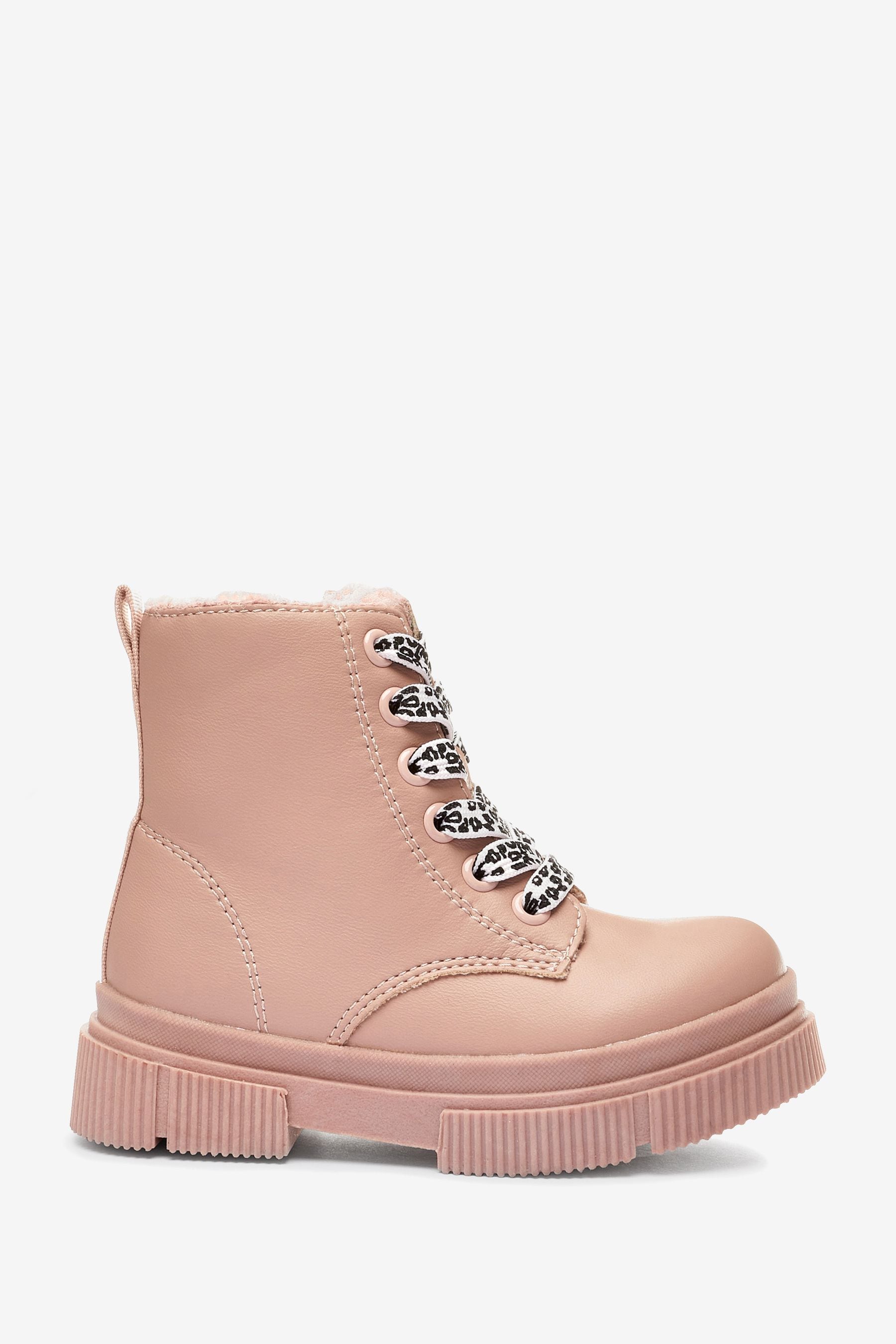 Pink Warm Lined Lace-Up Boots