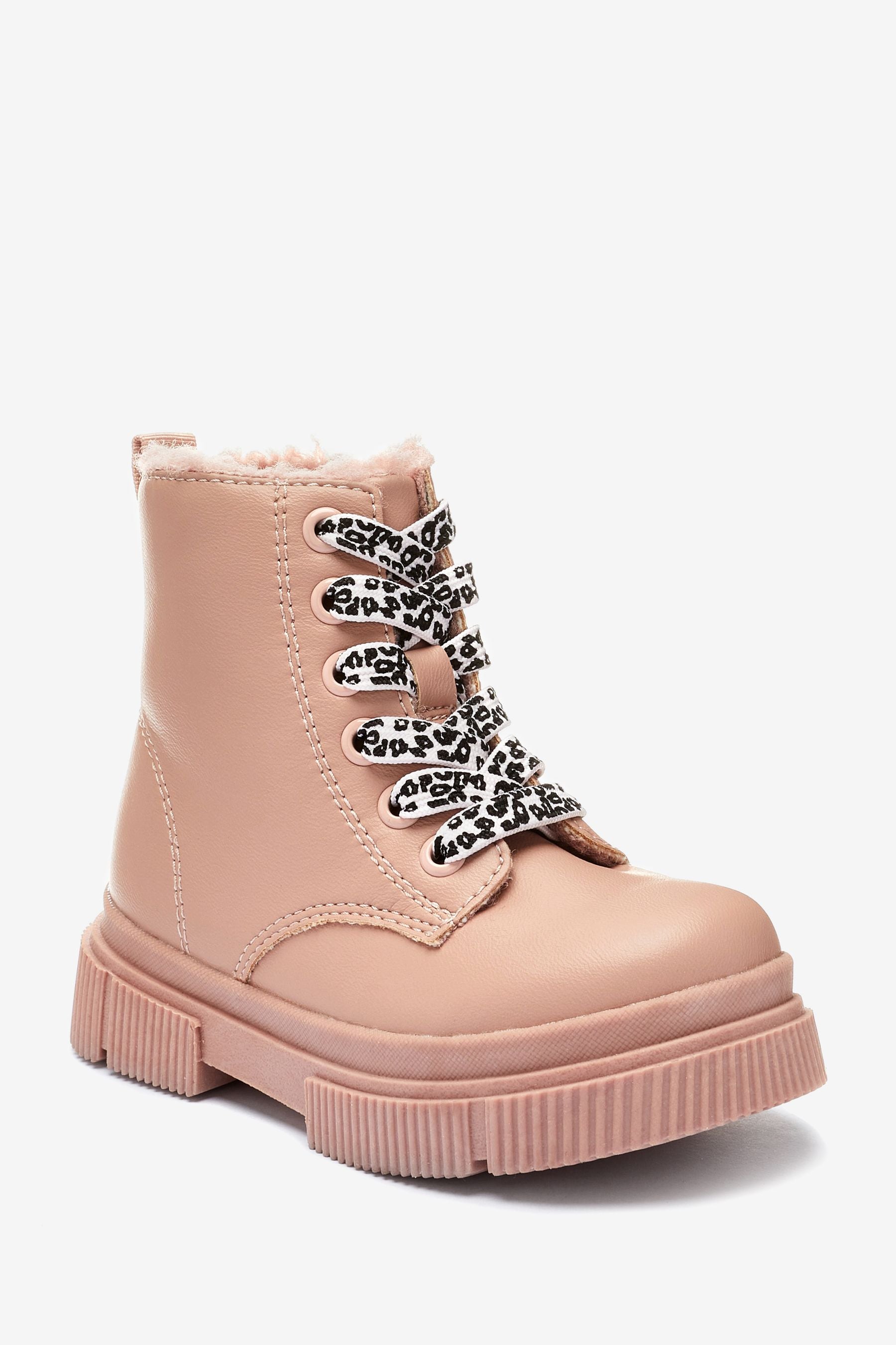 Pink Warm Lined Lace-Up Boots