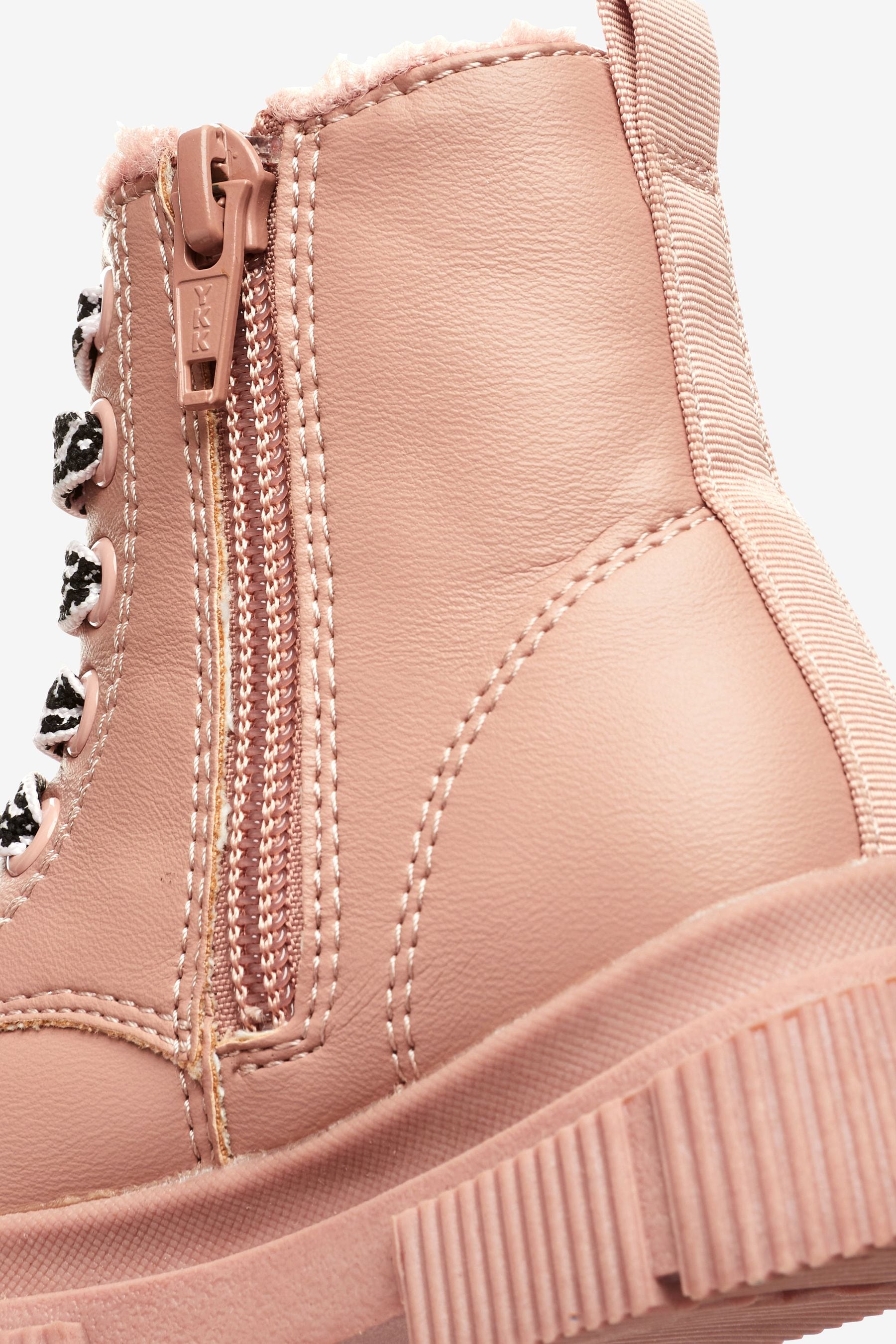 Pink Warm Lined Lace-Up Boots