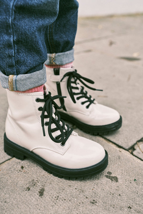 Bone White Patent Warm Lined Lace-Up Boots