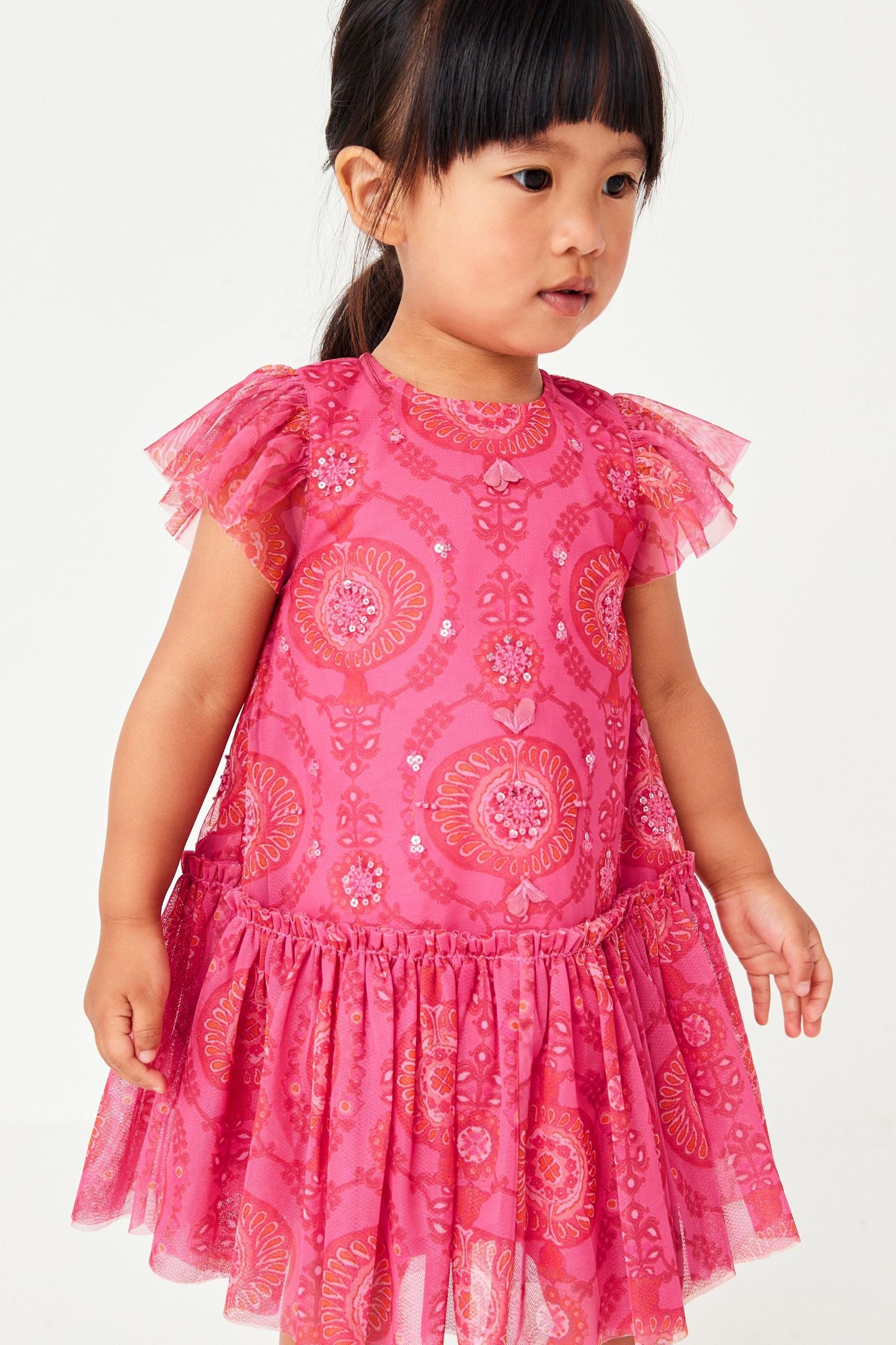 Pink/Red Sequin Embellished Mesh Party Dress (3mths-7yrs)