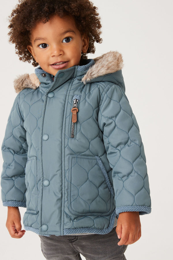 Blue Quilted Jacket With Faux Fur Trim (3mths-7yrs)