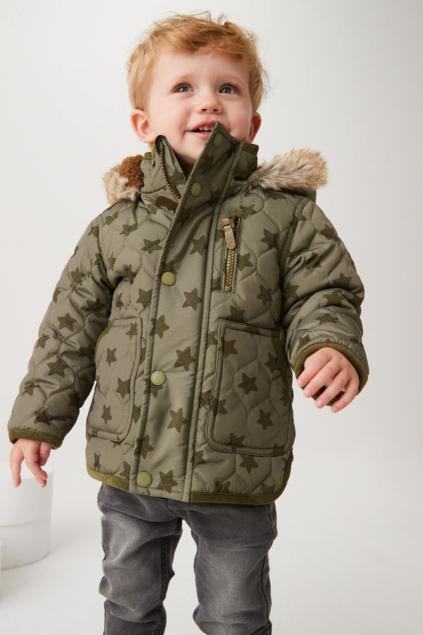 Khaki Green Star Print Quilted Jacket With Faux Fur Trim (9mths-7yrs)