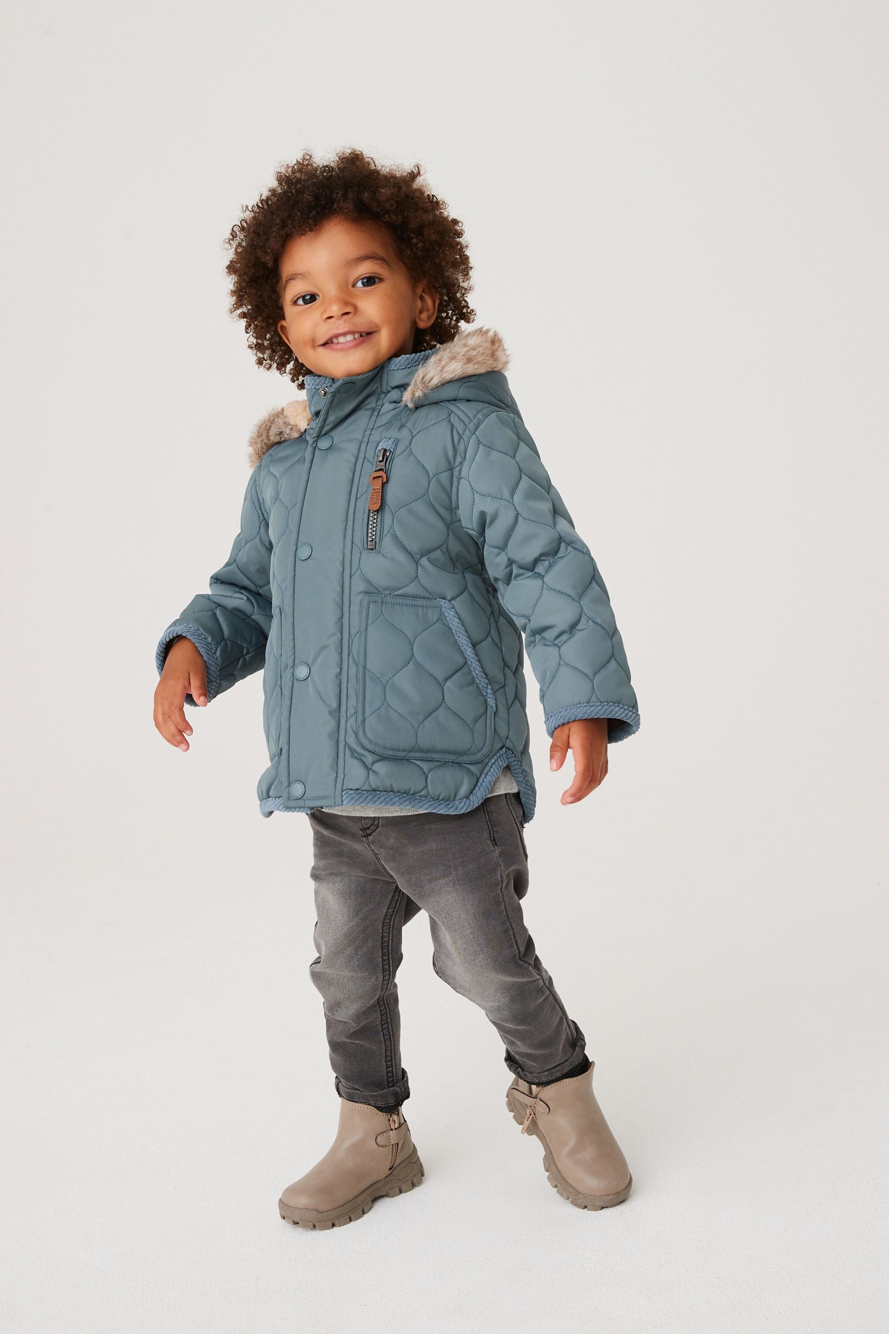 Blue Quilted Jacket With Faux Fur Trim (3mths-7yrs)