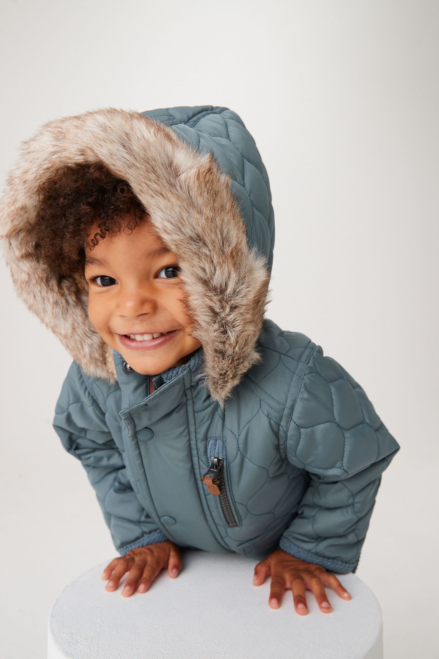 Blue Quilted Jacket With Faux Fur Trim (3mths-7yrs)