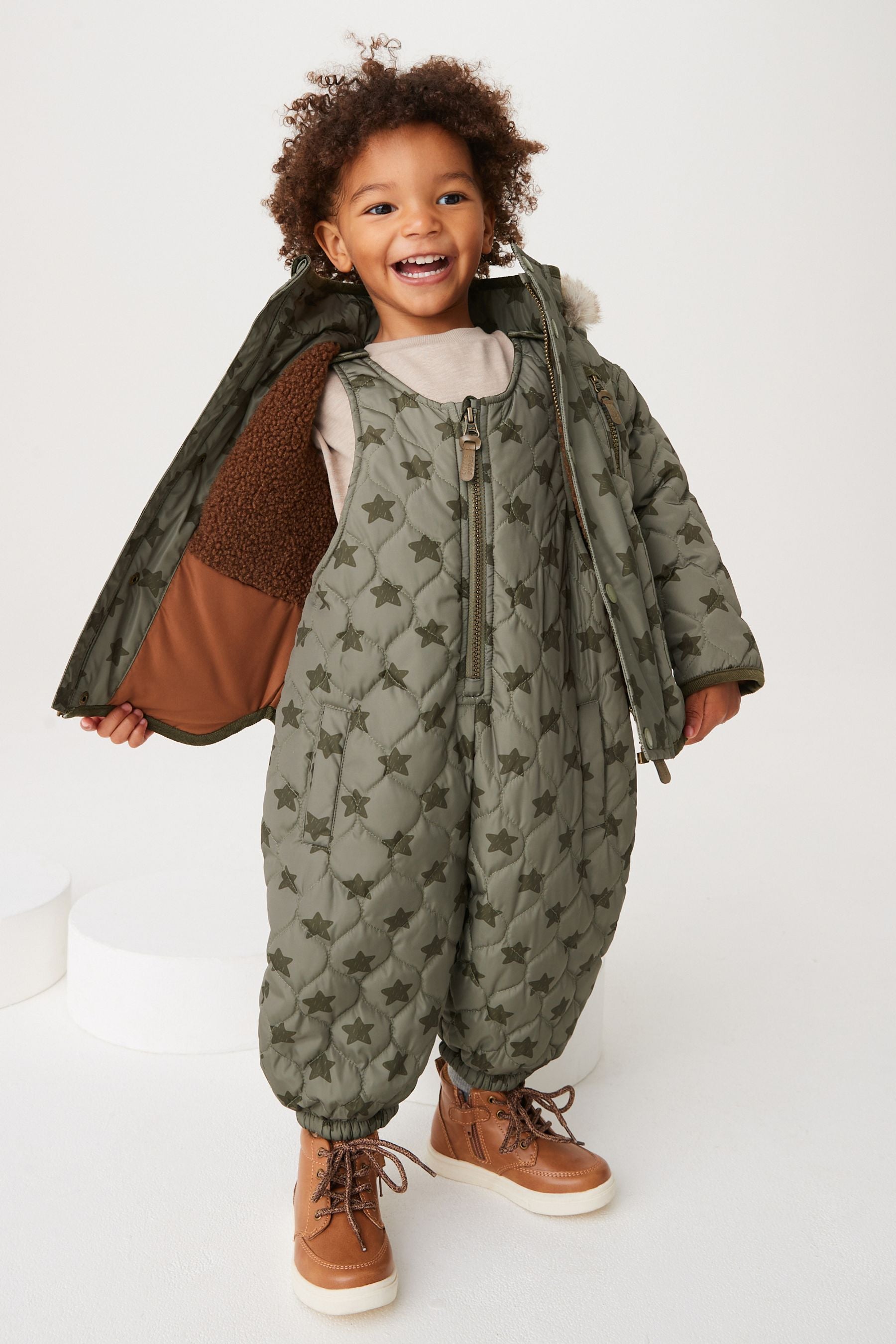 Khaki Green Start Print Quilted Overall (3mths-7yrs)