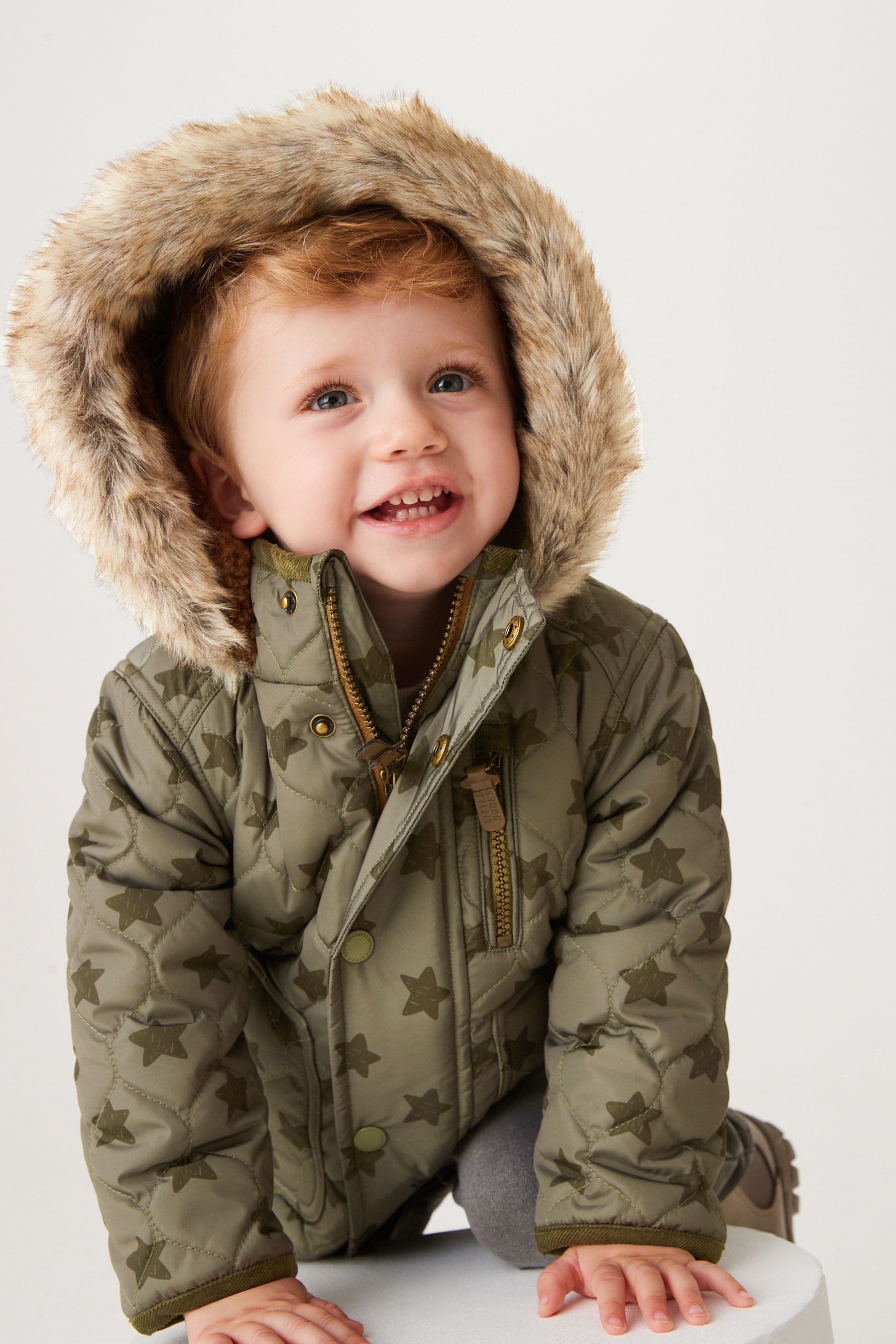 Khaki Green Star Print Quilted Jacket With Faux Fur Trim (9mths-7yrs)