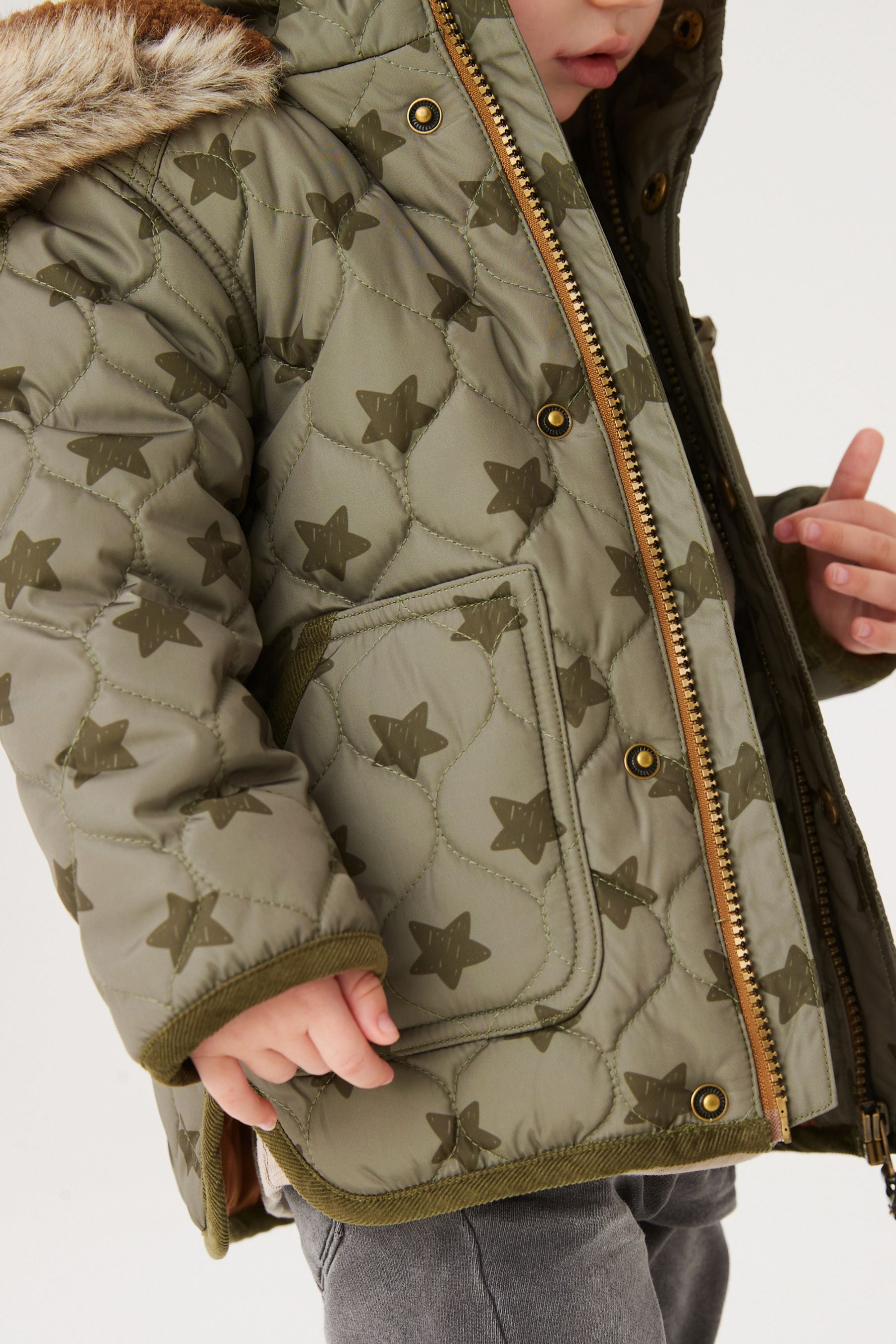 Khaki Green Star Print Quilted Jacket With Faux Fur Trim (9mths-7yrs)