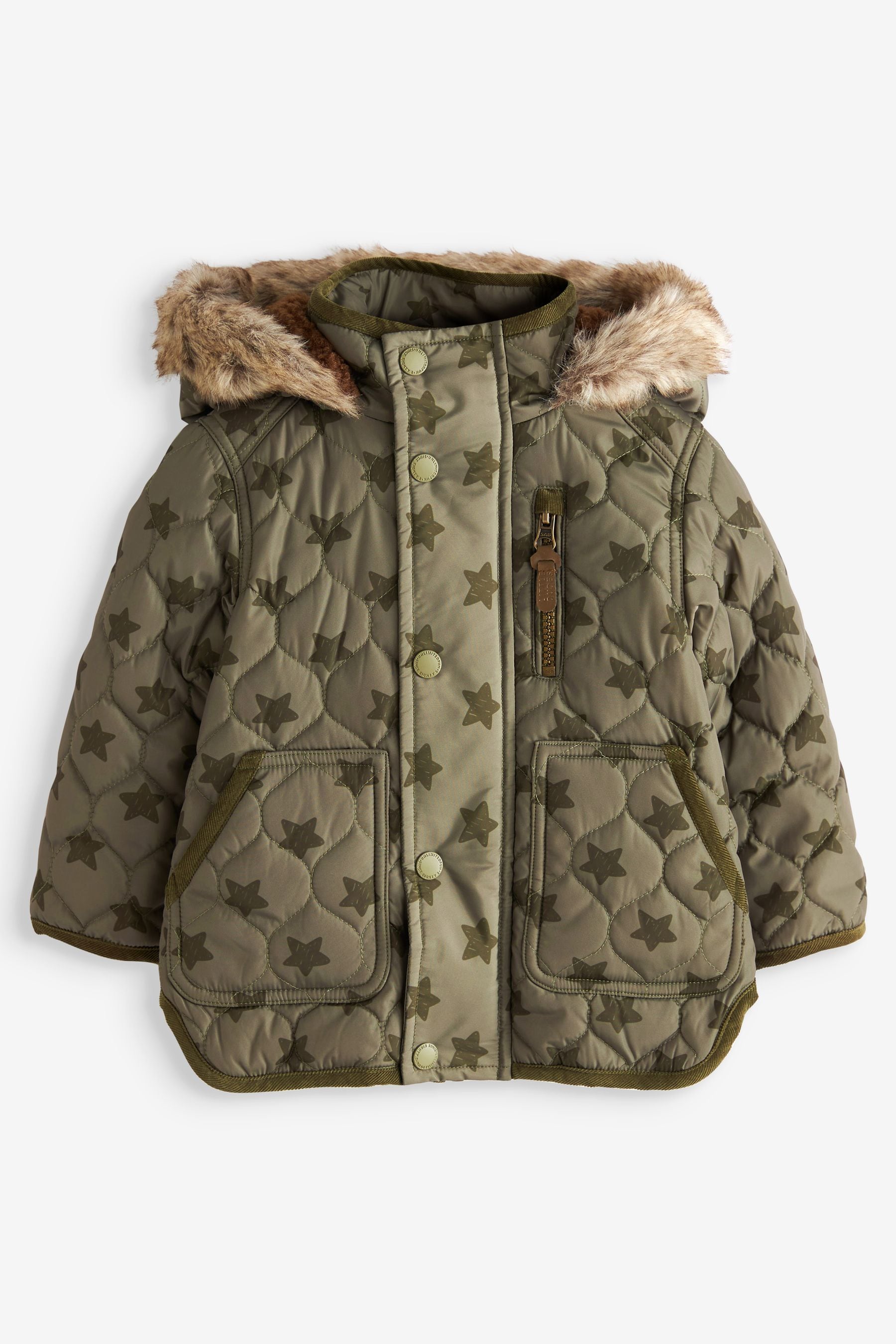 Khaki Green Star Print Quilted Jacket With Faux Fur Trim (9mths-7yrs)