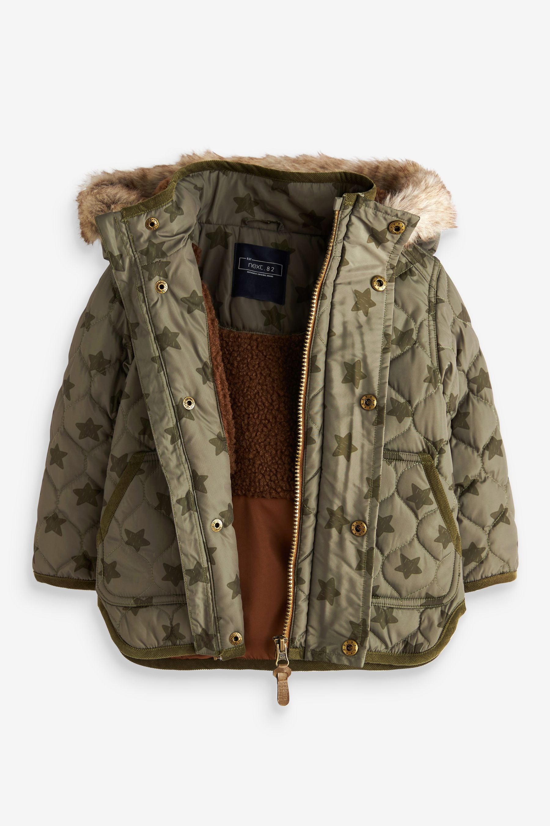 Khaki Green Star Print Quilted Jacket With Faux Fur Trim (9mths-7yrs)