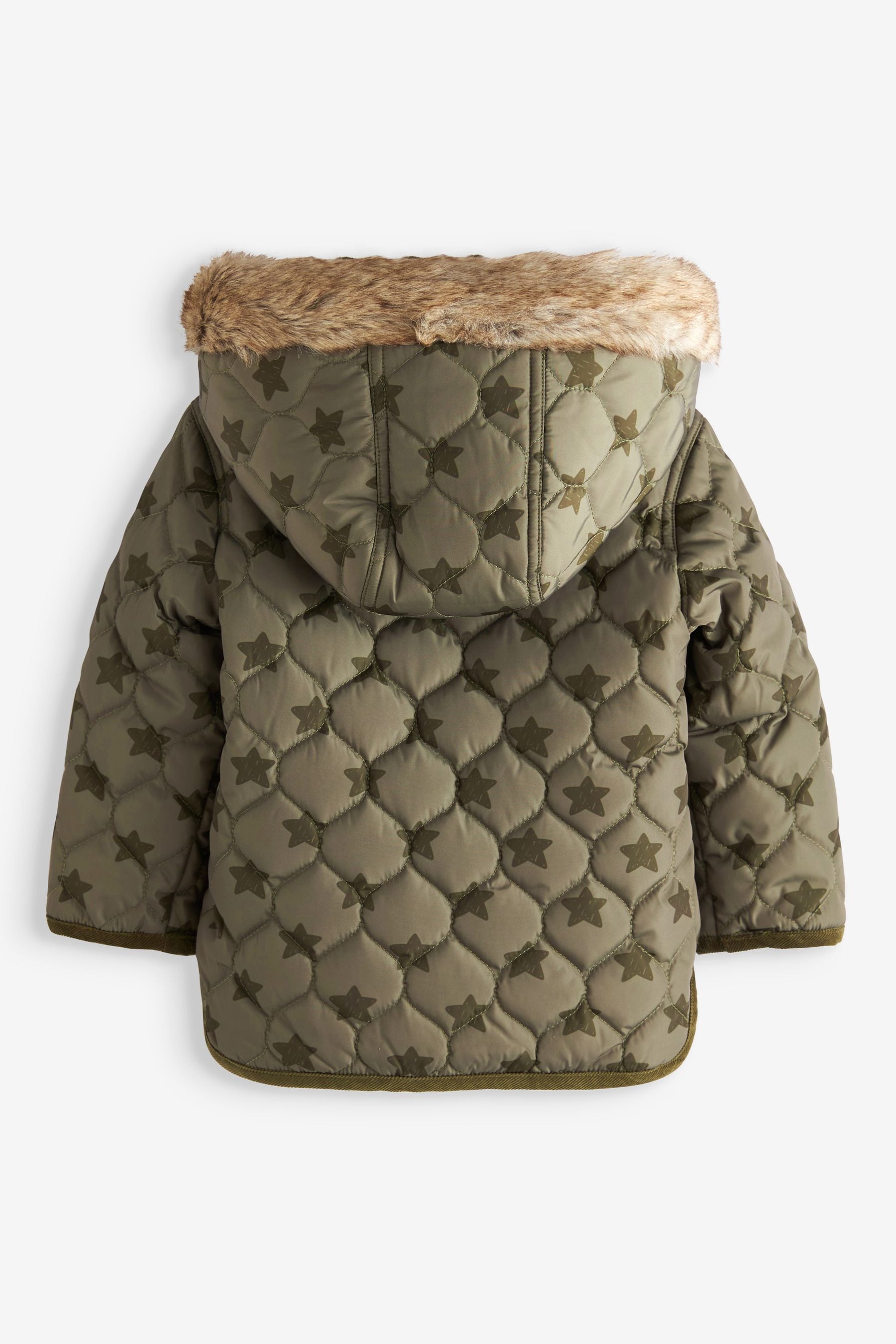 Khaki Green Star Print Quilted Jacket With Faux Fur Trim (9mths-7yrs)