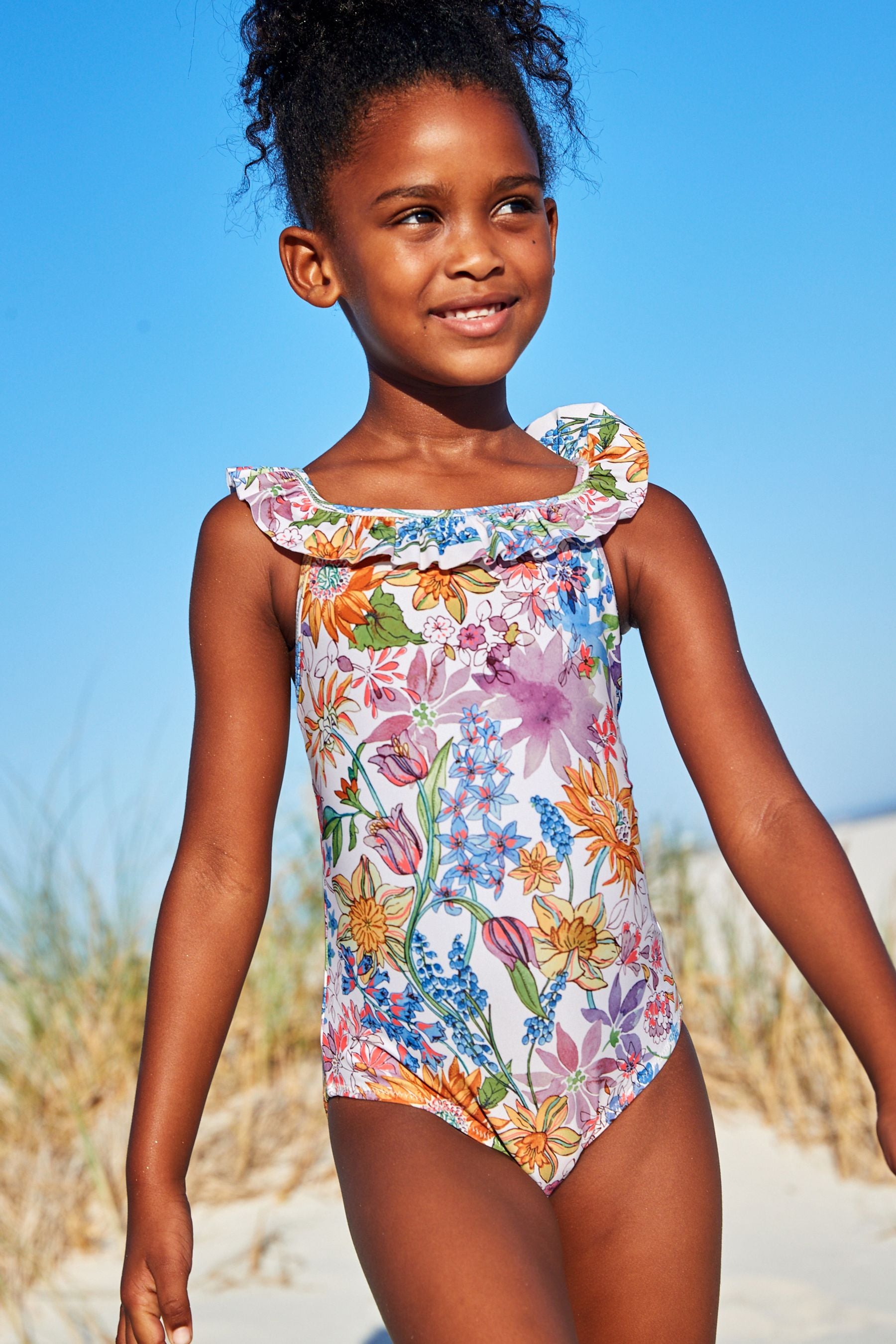 Purple Floral Multi Bright Frill Swimsuit (3-16yrs)