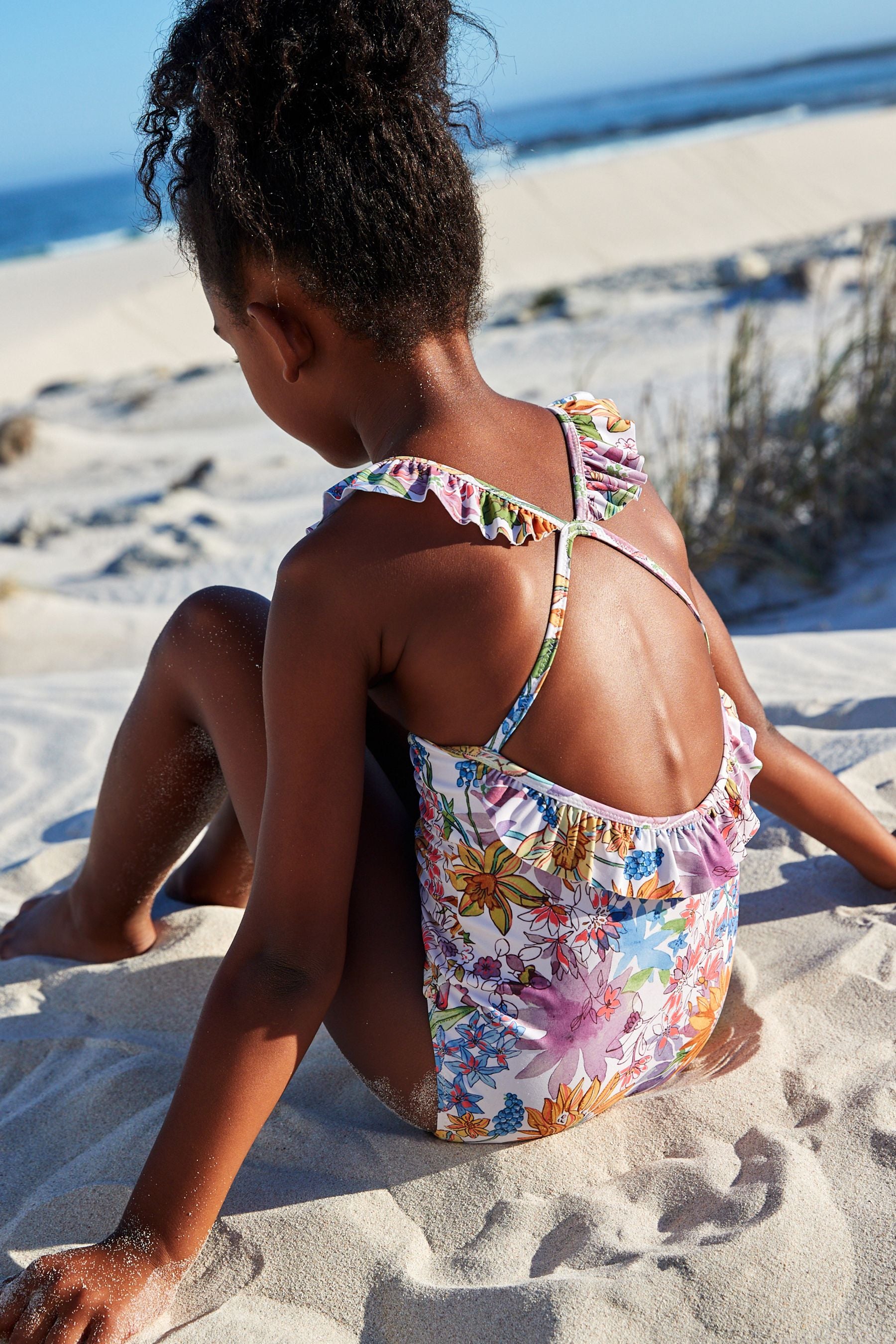 Purple Floral Multi Bright Frill Swimsuit (3-16yrs)