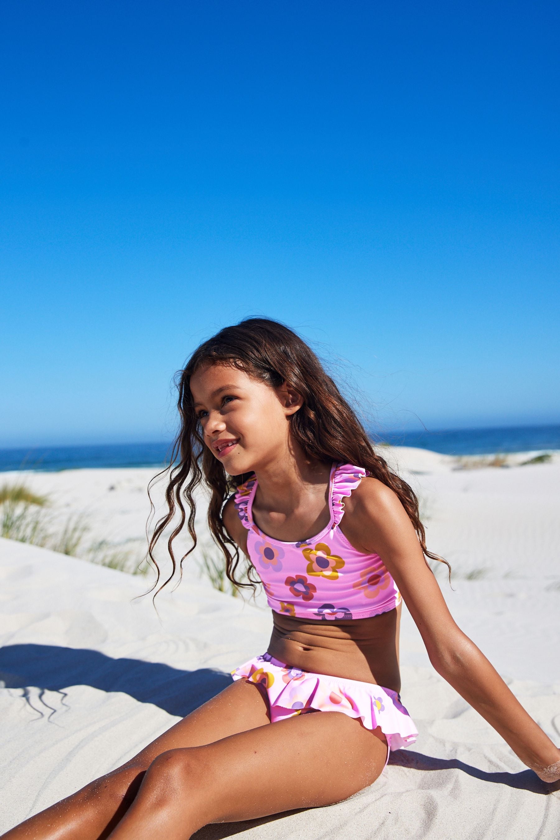 Pink Retro Floral Frill Sleeve Bikini (3-16yrs)