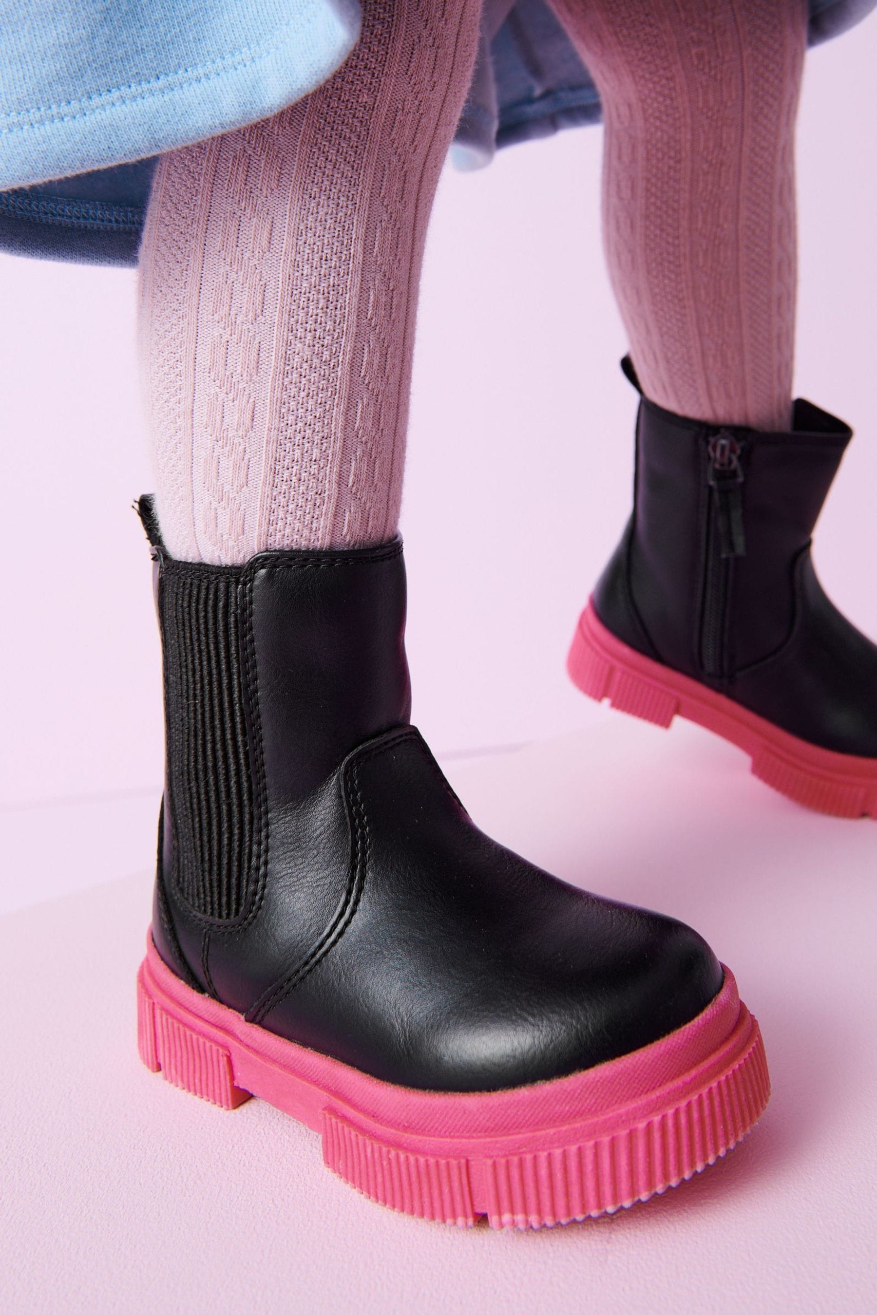 Black/Pink Chunky Chelsea Boots