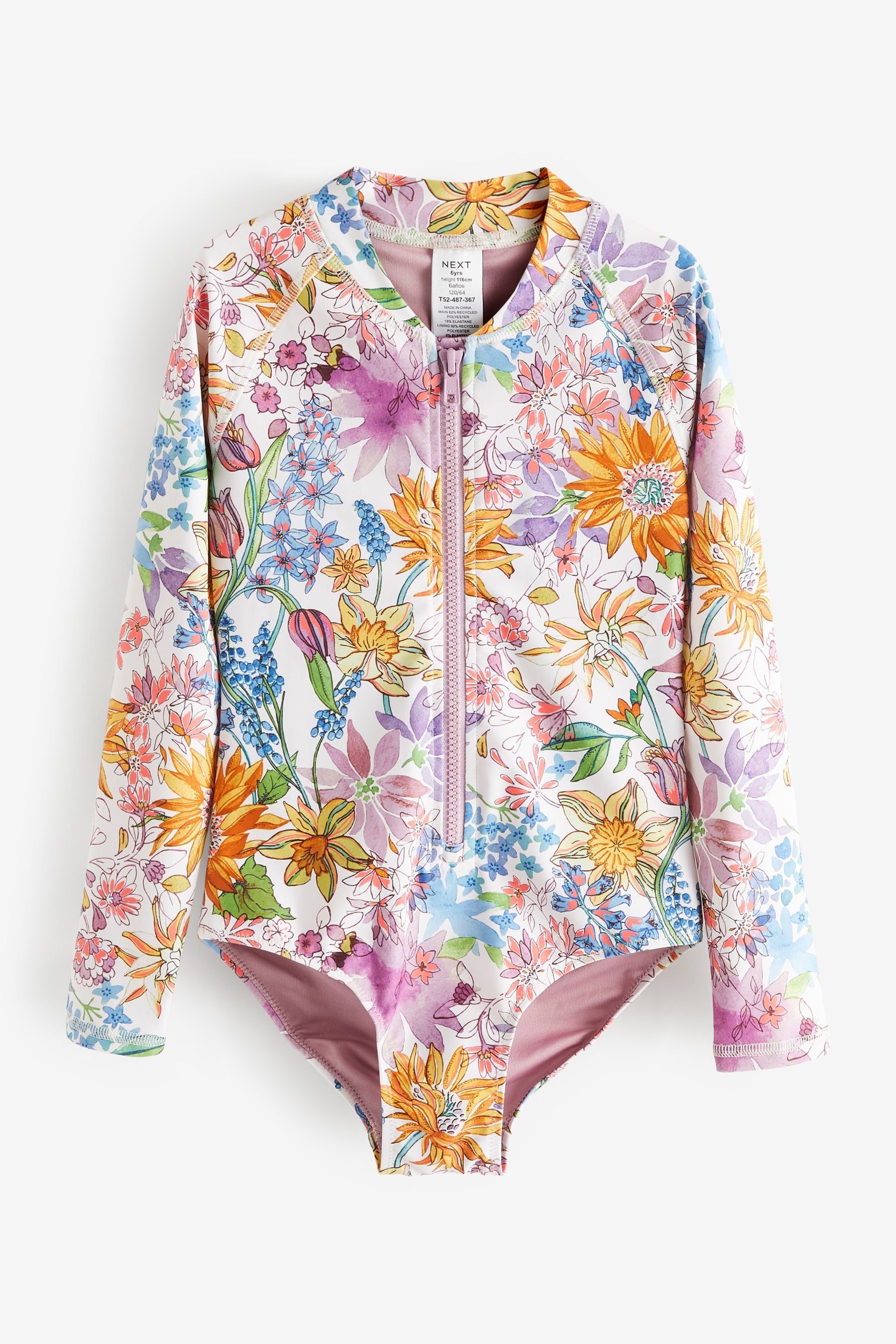 Purple Floral Long Sleeved Swimsuit (3-16yrs)