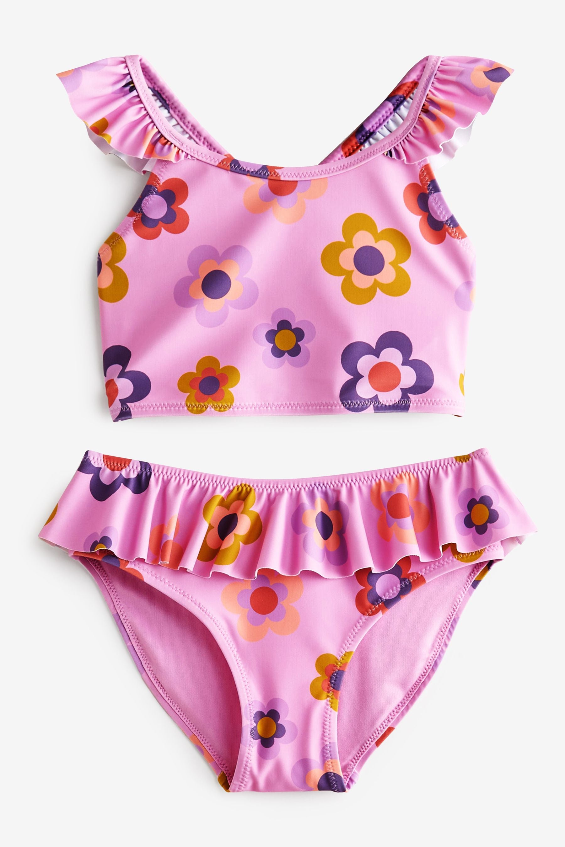 Pink Retro Floral Frill Sleeve Bikini (3-16yrs)