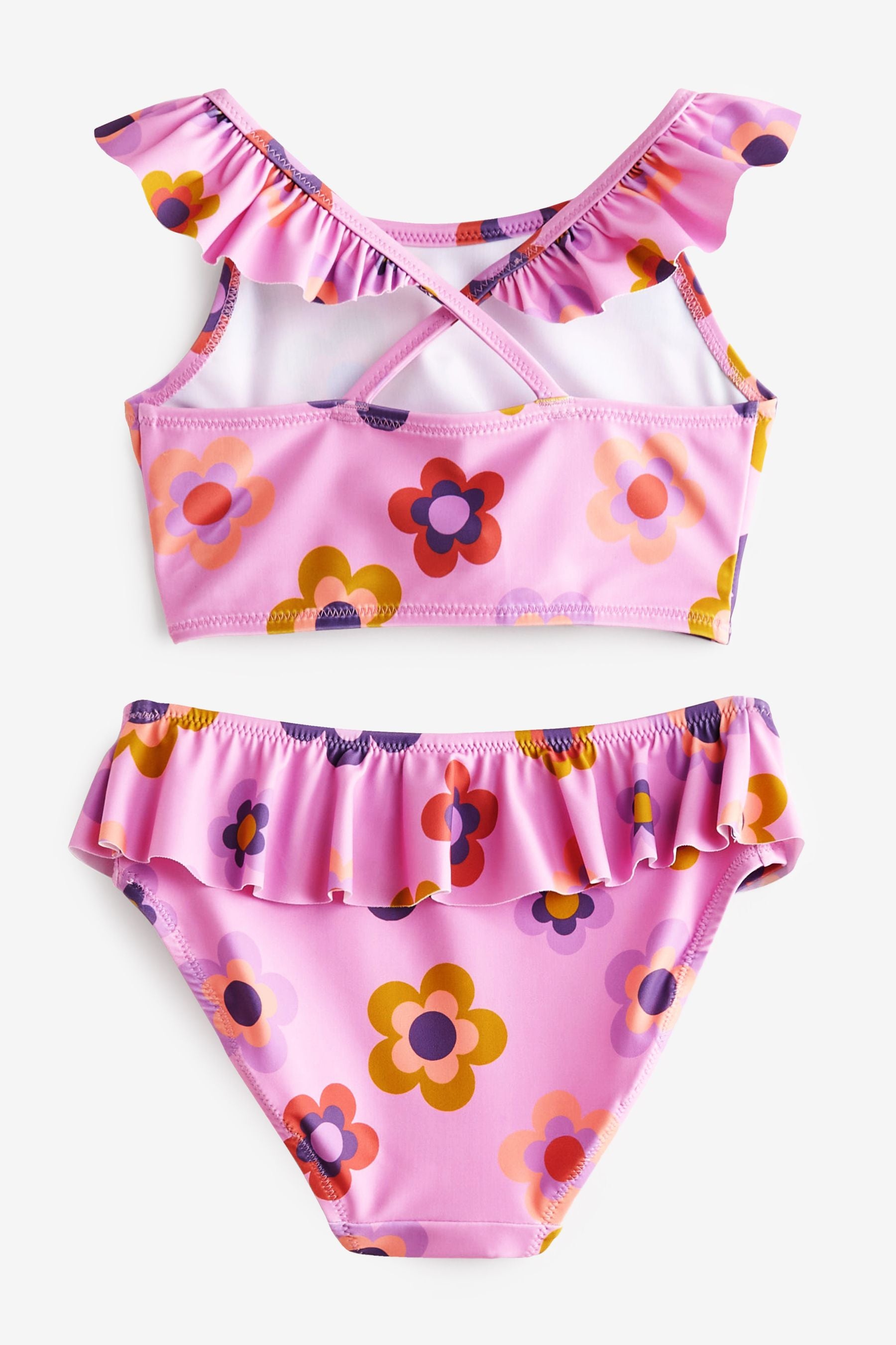 Pink Retro Floral Frill Sleeve Bikini (3-16yrs)