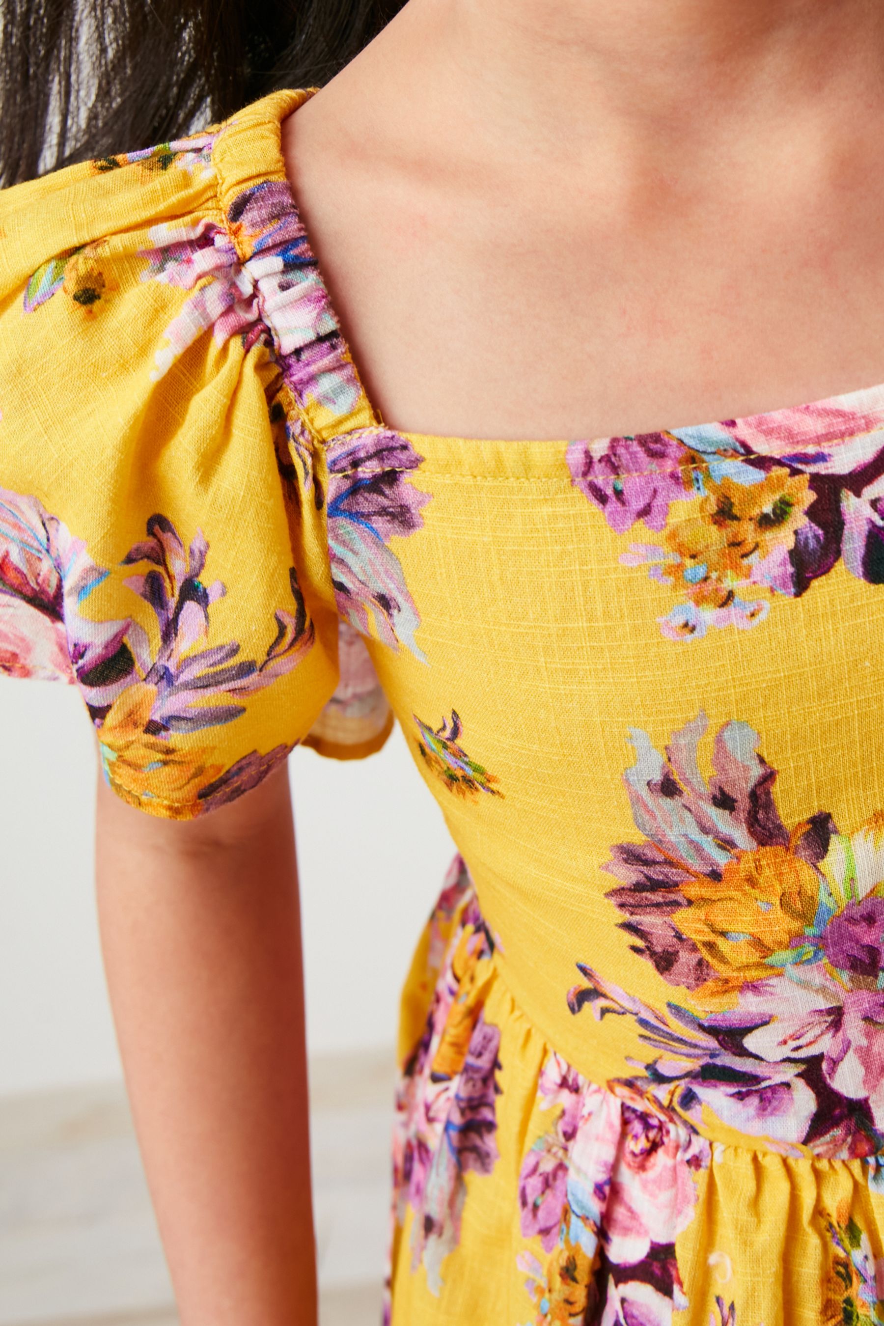 Yellow Floral Print Angel Sleeve Dress (3-16yrs)