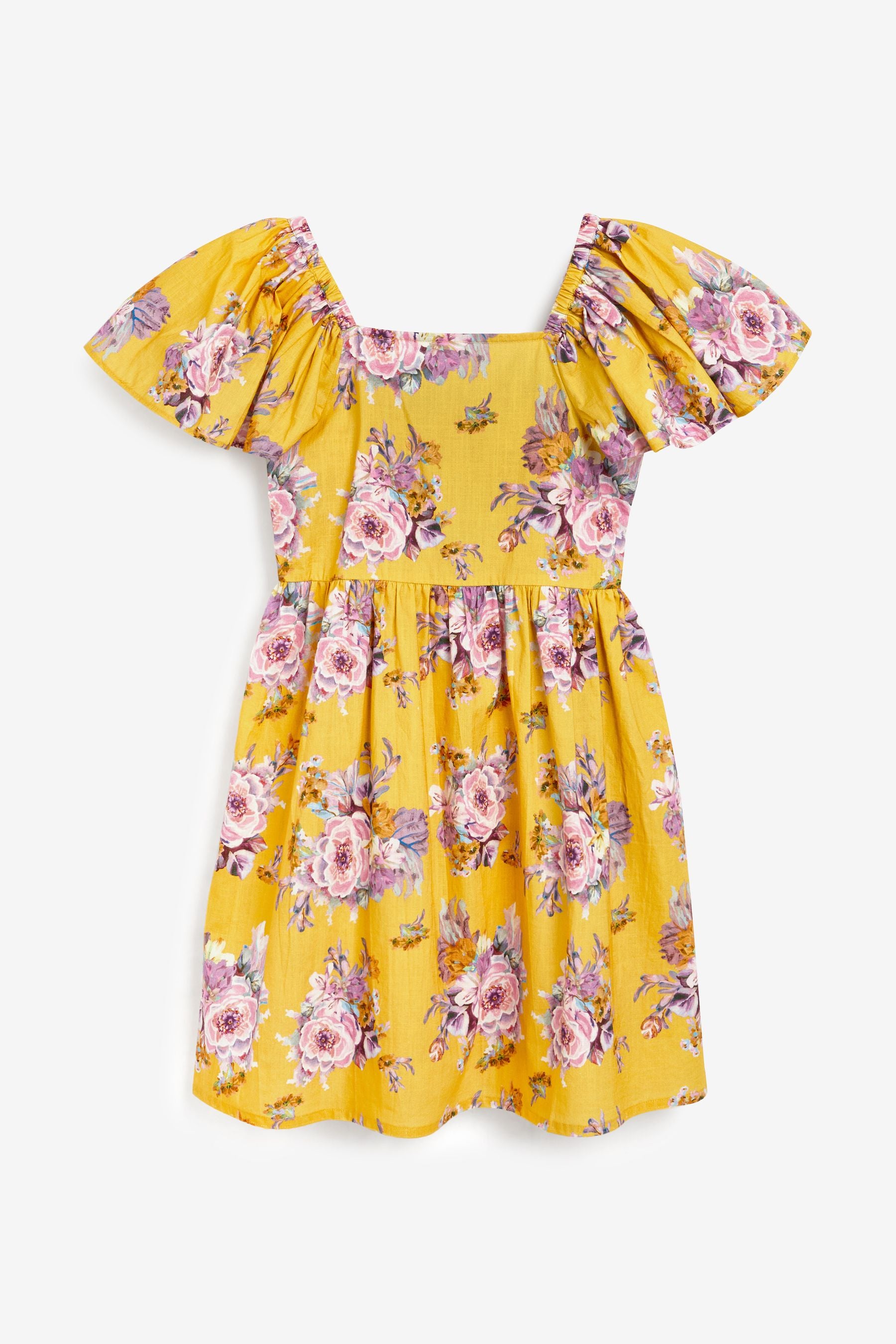 Yellow Floral Print Angel Sleeve Dress (3-16yrs)