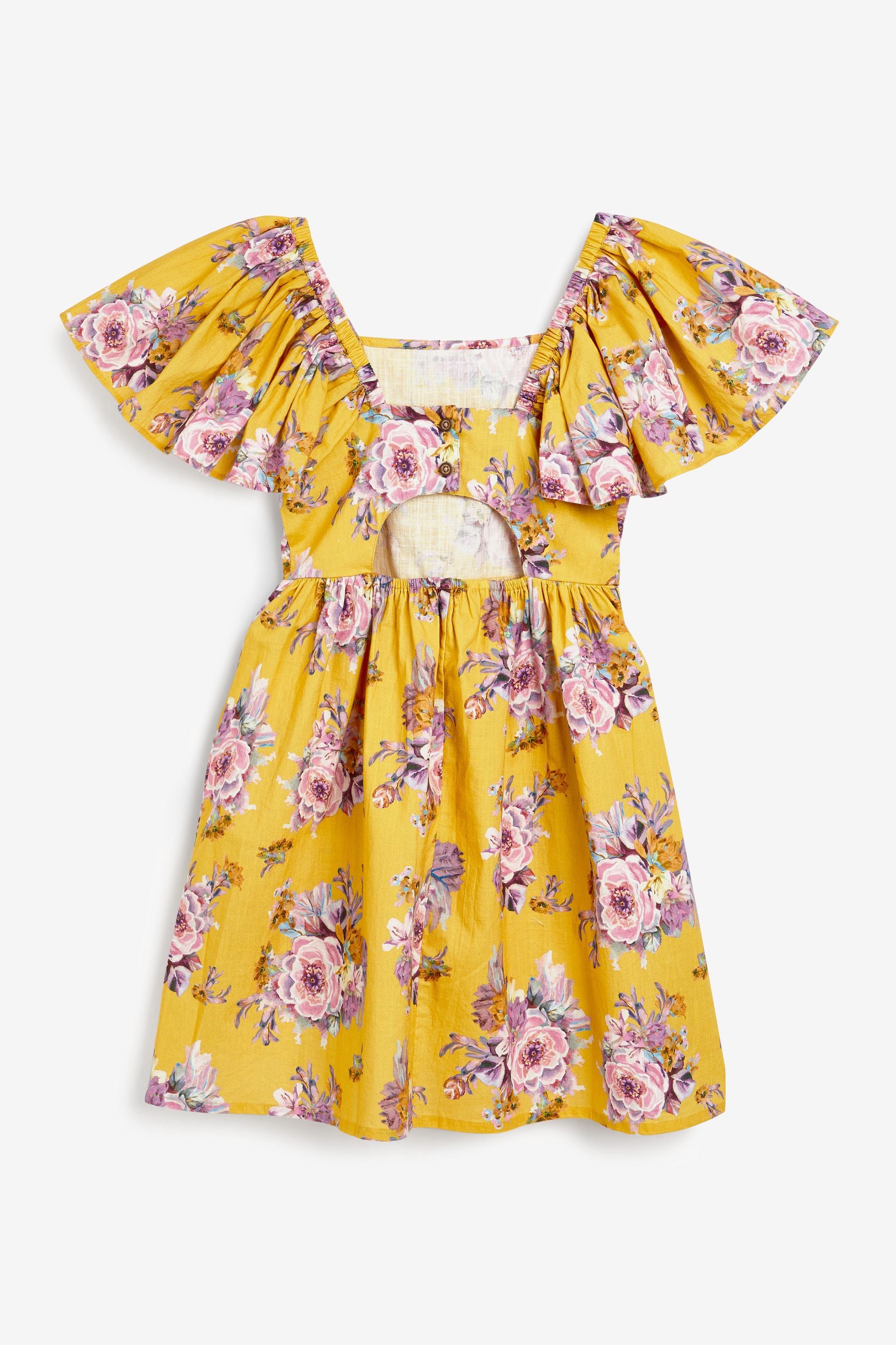 Yellow Floral Print Angel Sleeve Dress (3-16yrs)