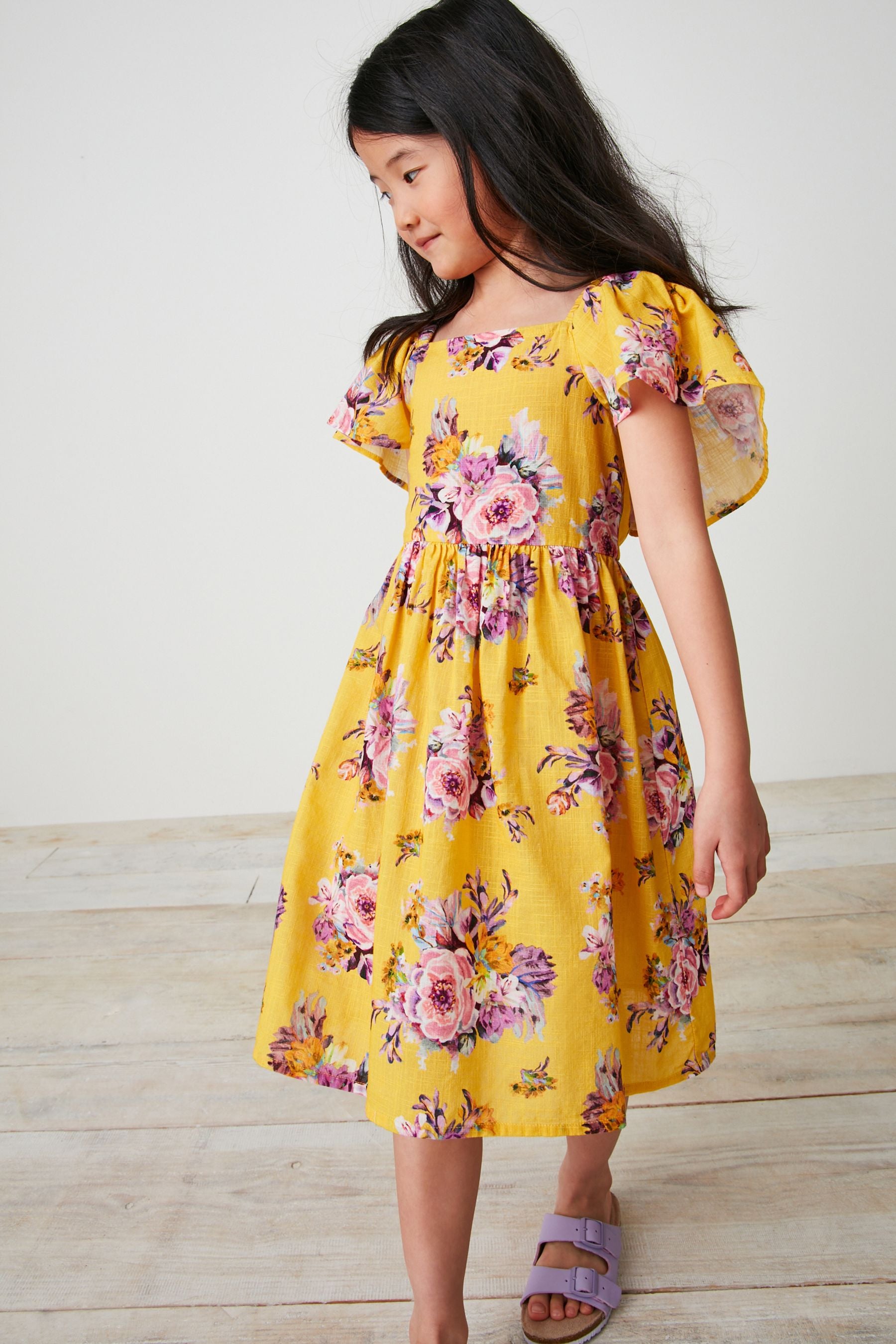 Yellow Floral Print Angel Sleeve Dress (3-16yrs)