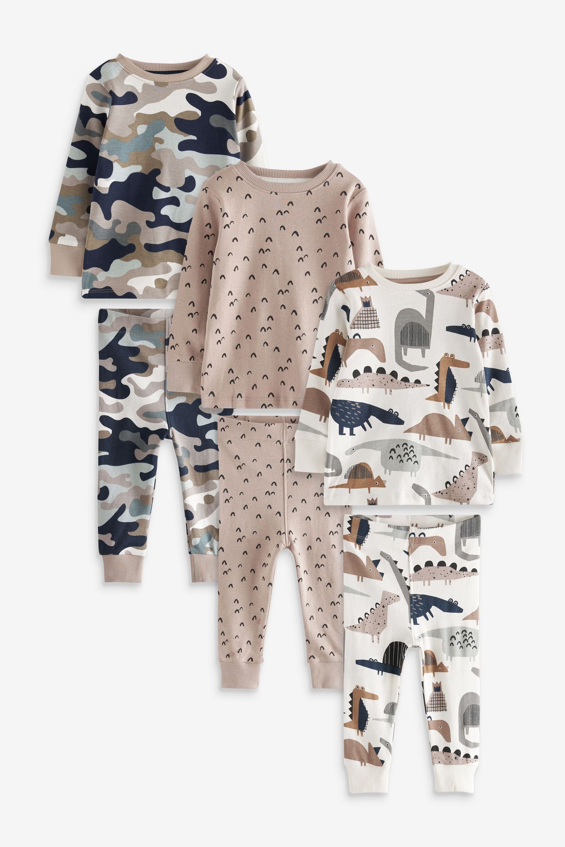 Tan Brown Camouflage Dino 3 Pack Snuggle Pyjamas (9mths-8yrs)