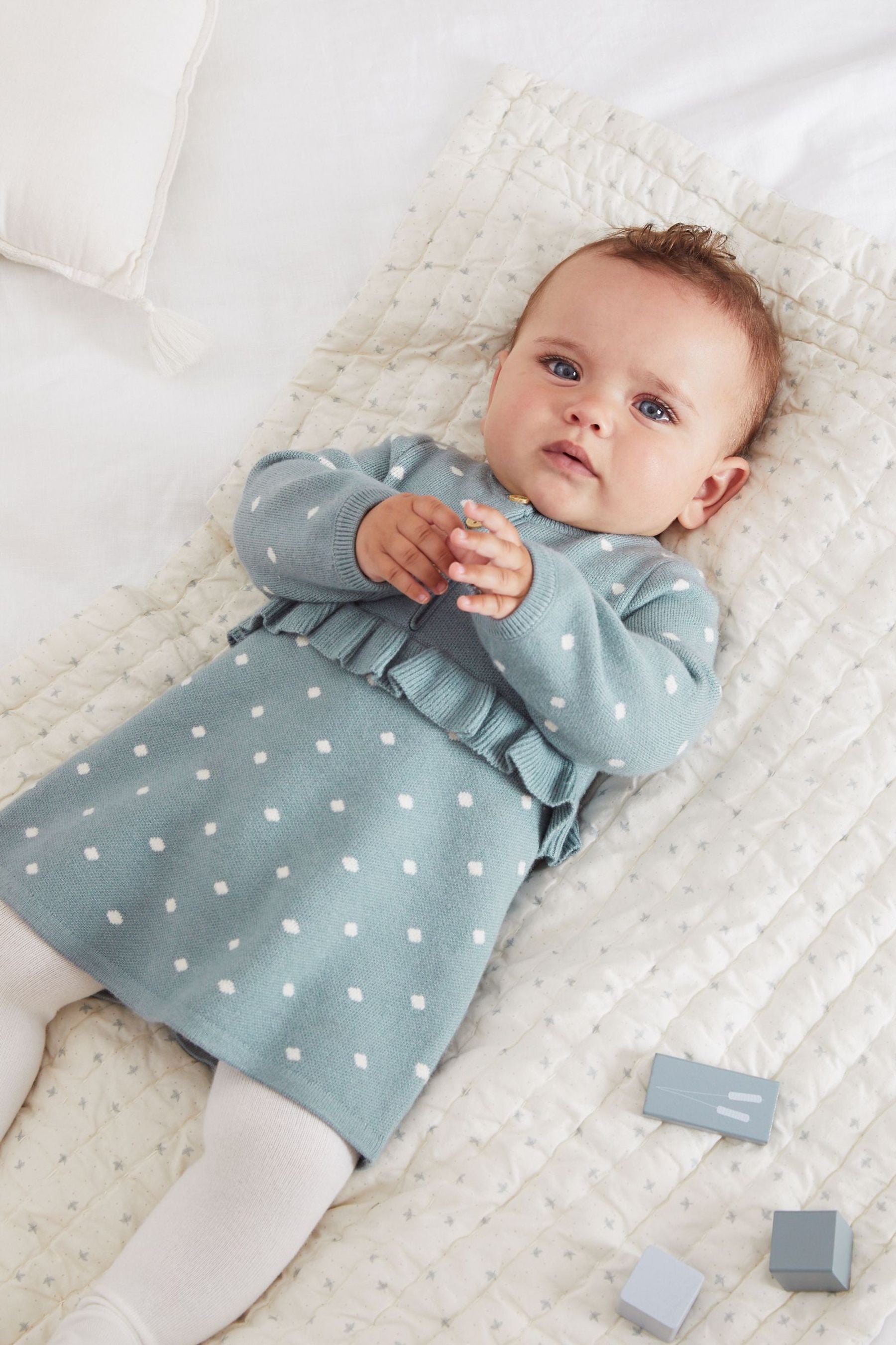 Teal Blue Spot Knitted Frill Baby Dress (0mths-2yrs)