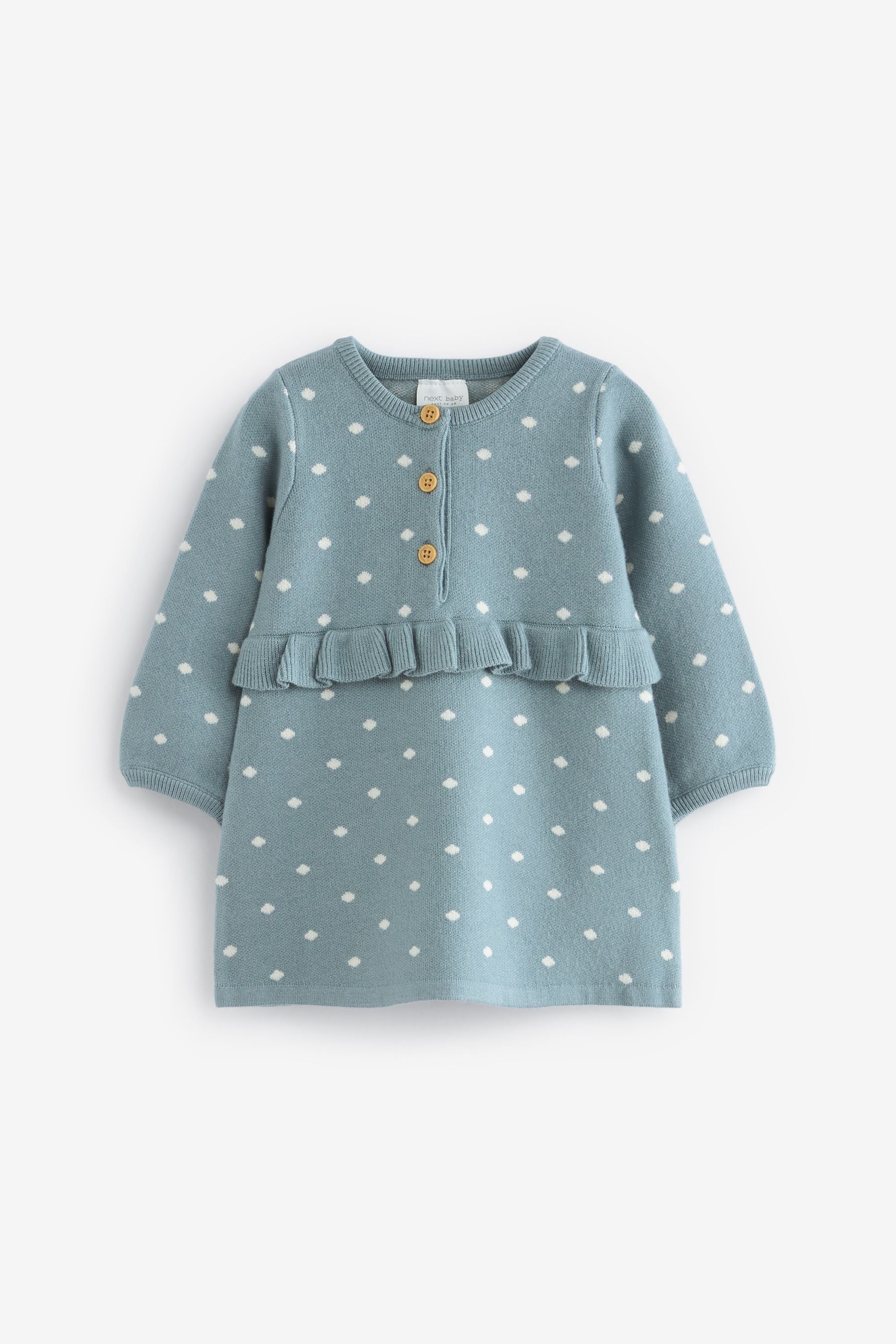 Teal Blue Spot Knitted Frill Baby Dress (0mths-2yrs)