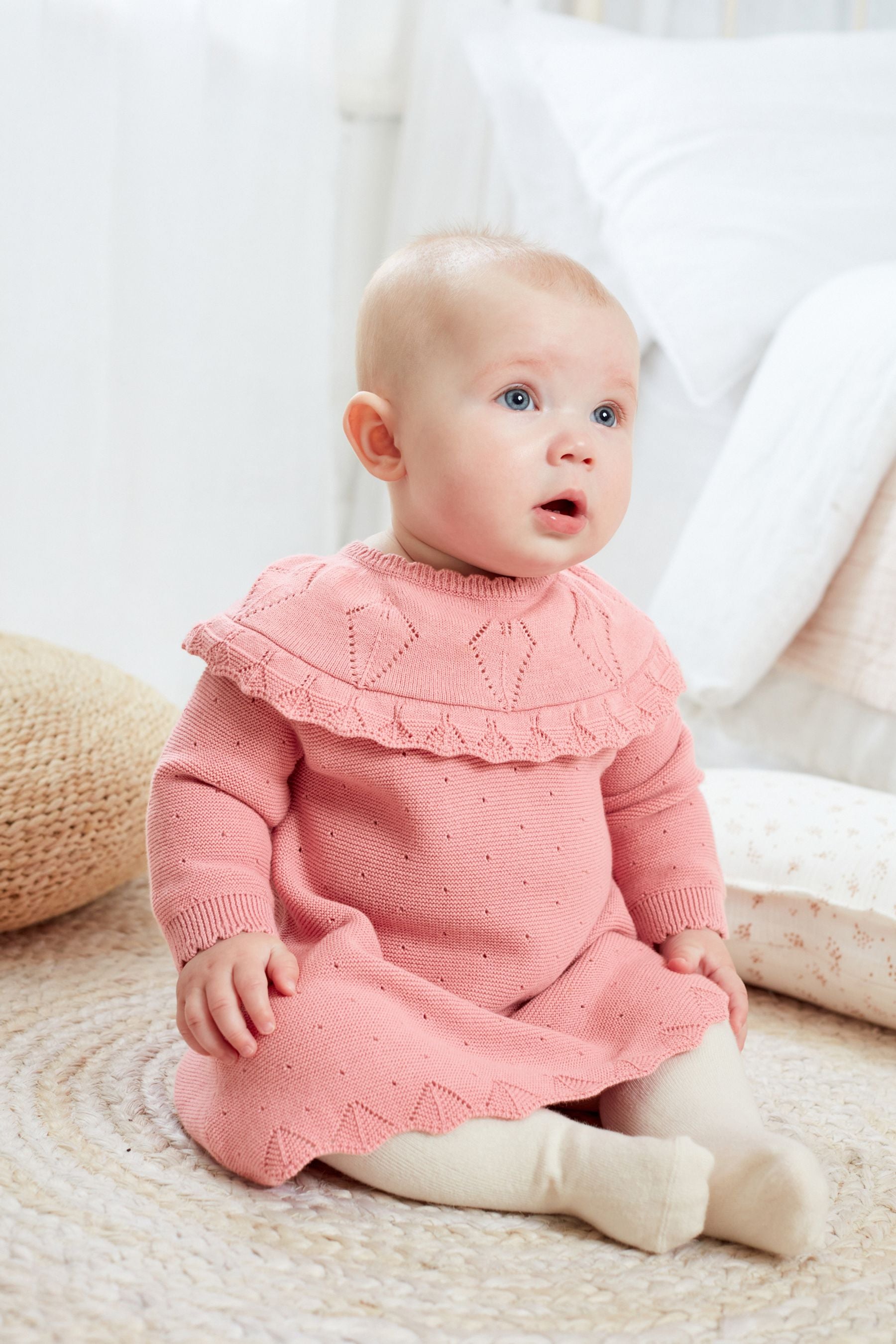 Pink Knitted Baby Pointelle Dress (0mths-2yrs)