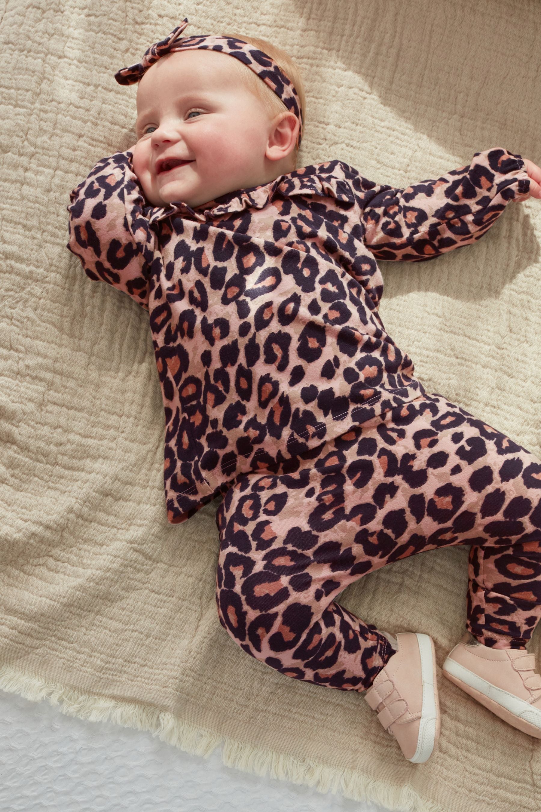 Animal Print 4 Piece Baby Sweater, Top, Leggings And Headband Set