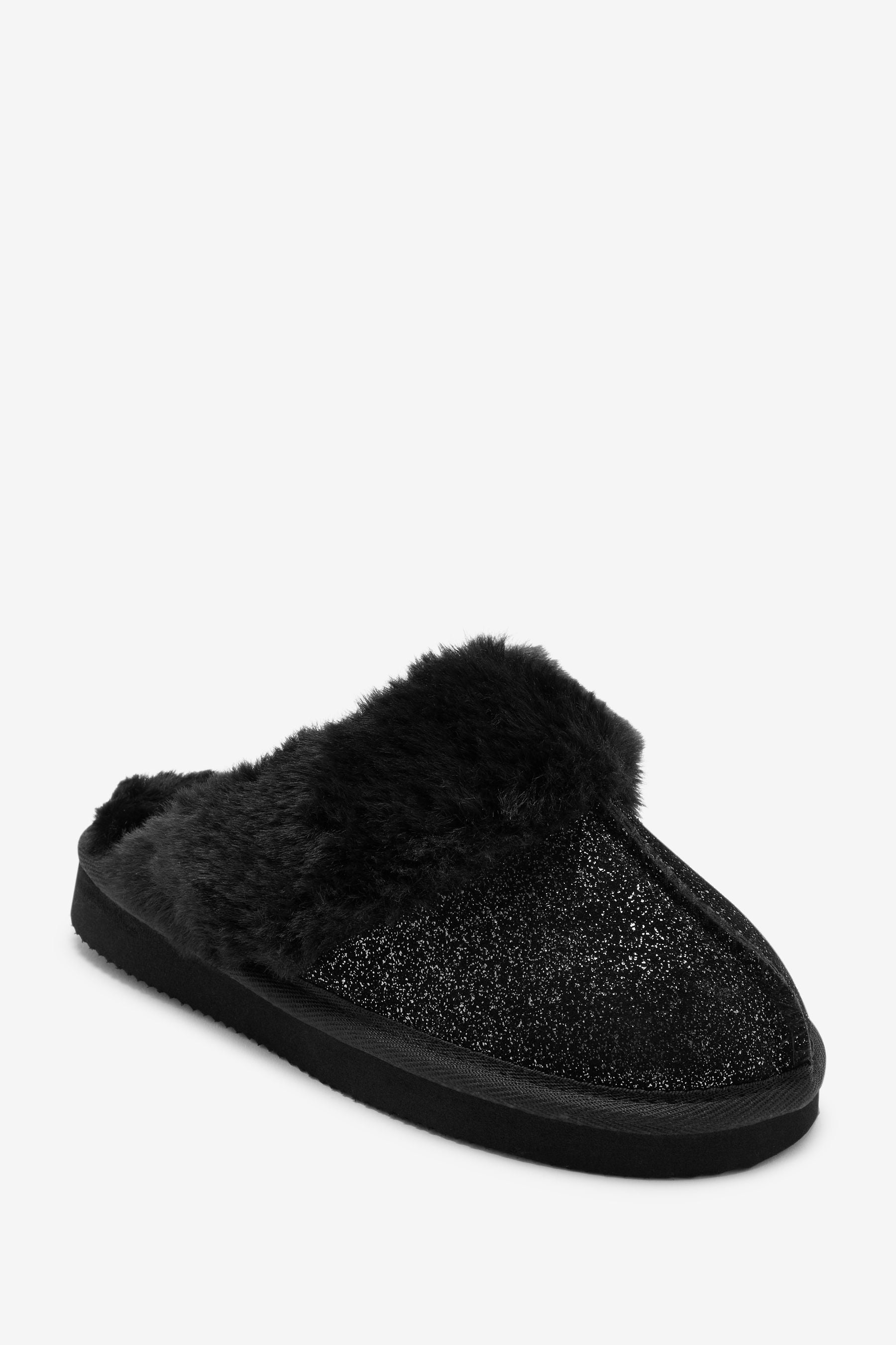 Black Leather Shimmer Recycled Faux Fur Mule Slippers