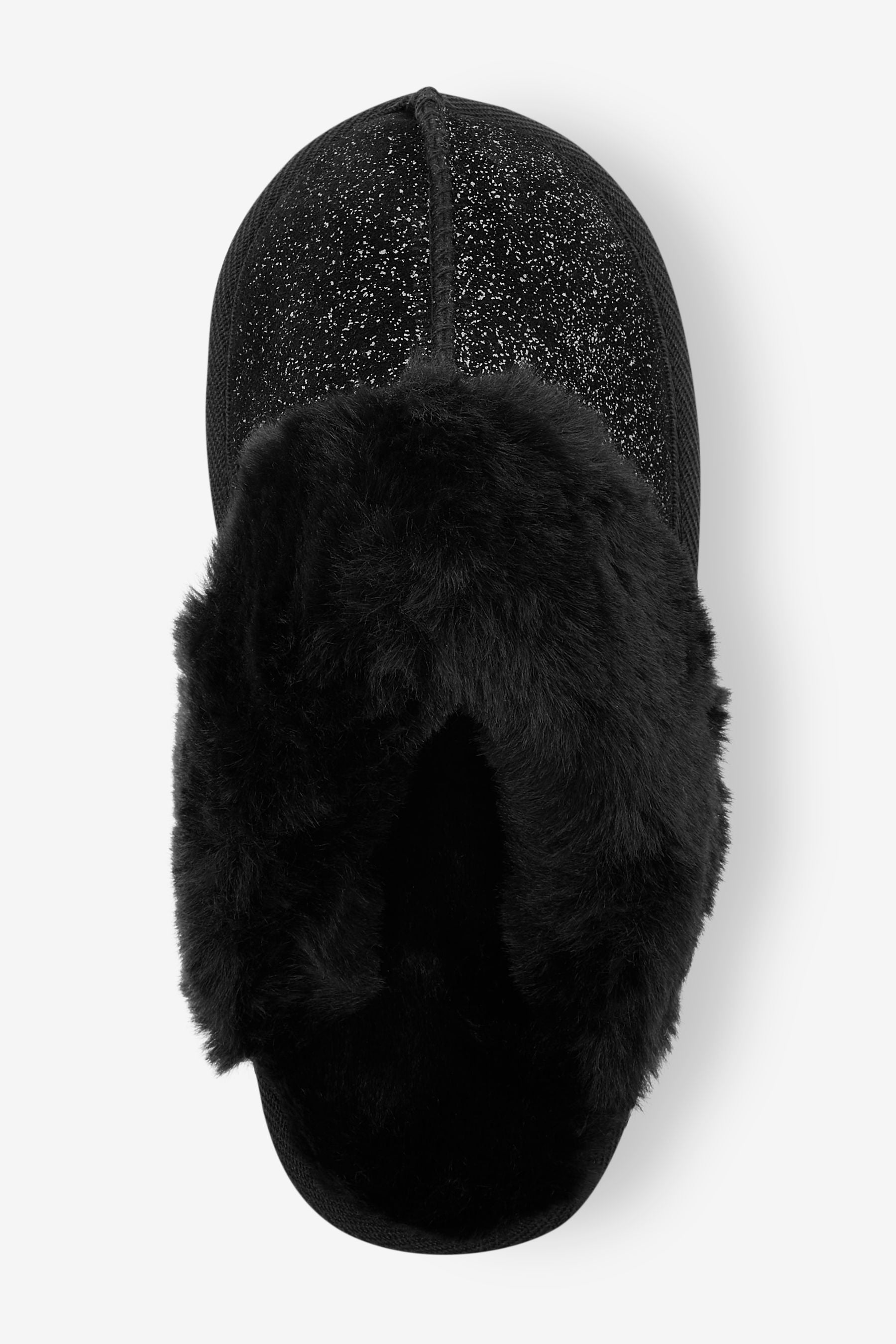 Black Leather Shimmer Recycled Faux Fur Mule Slippers