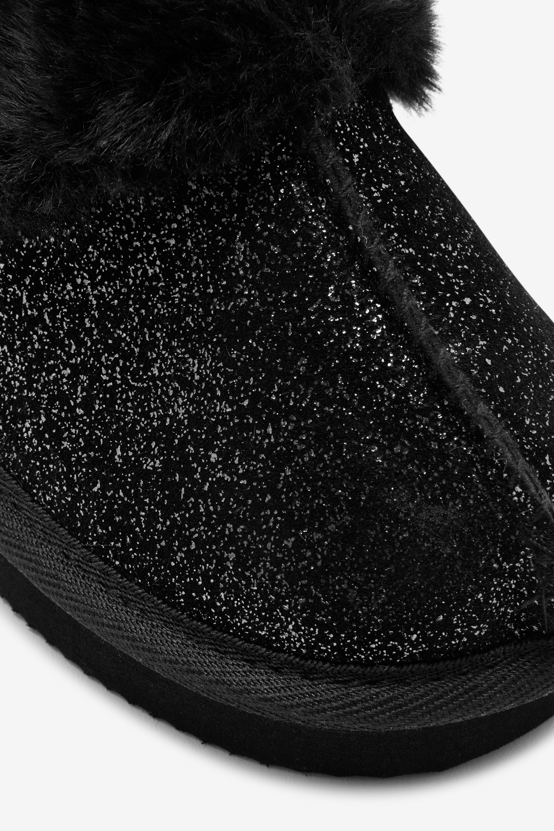 Black Leather Shimmer Recycled Faux Fur Mule Slippers