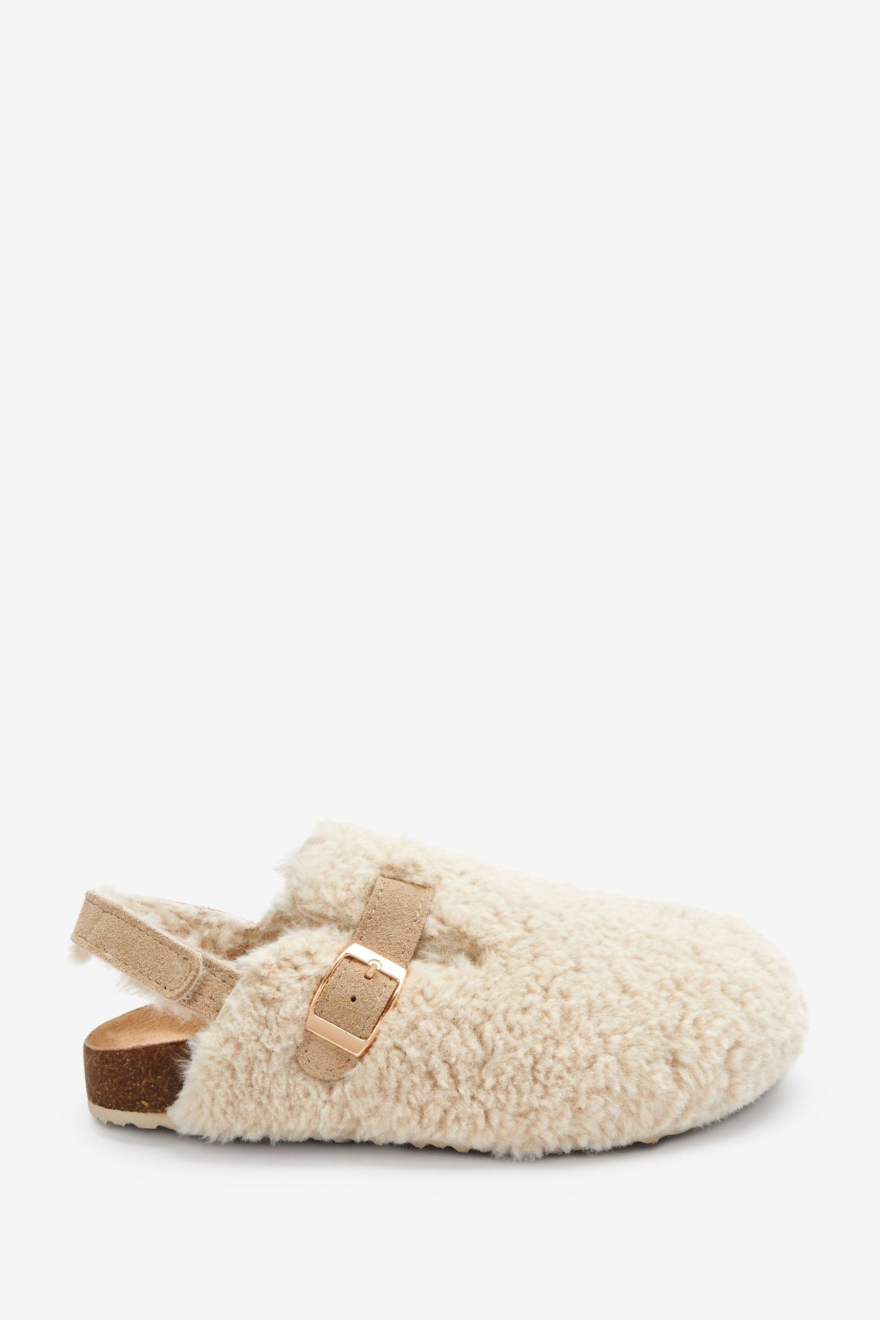 Ecru Cream Teddy Fleece Borg Leather Strap Mules