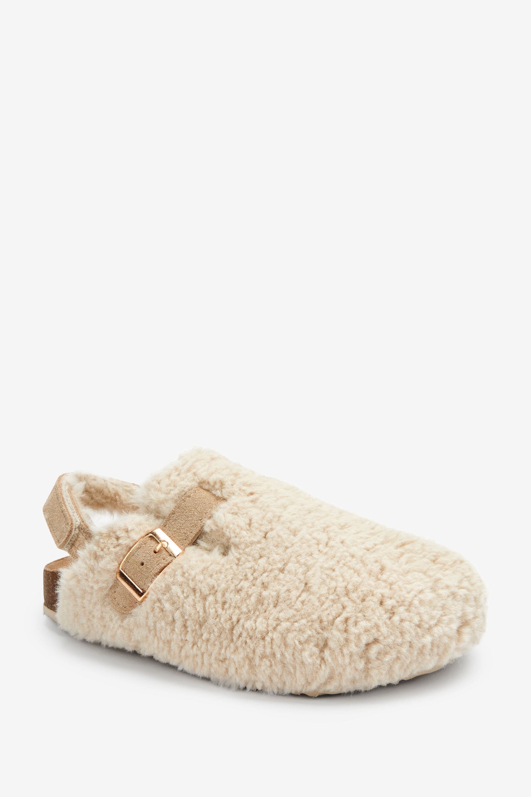 Ecru Cream Teddy Fleece Borg Leather Strap Mules